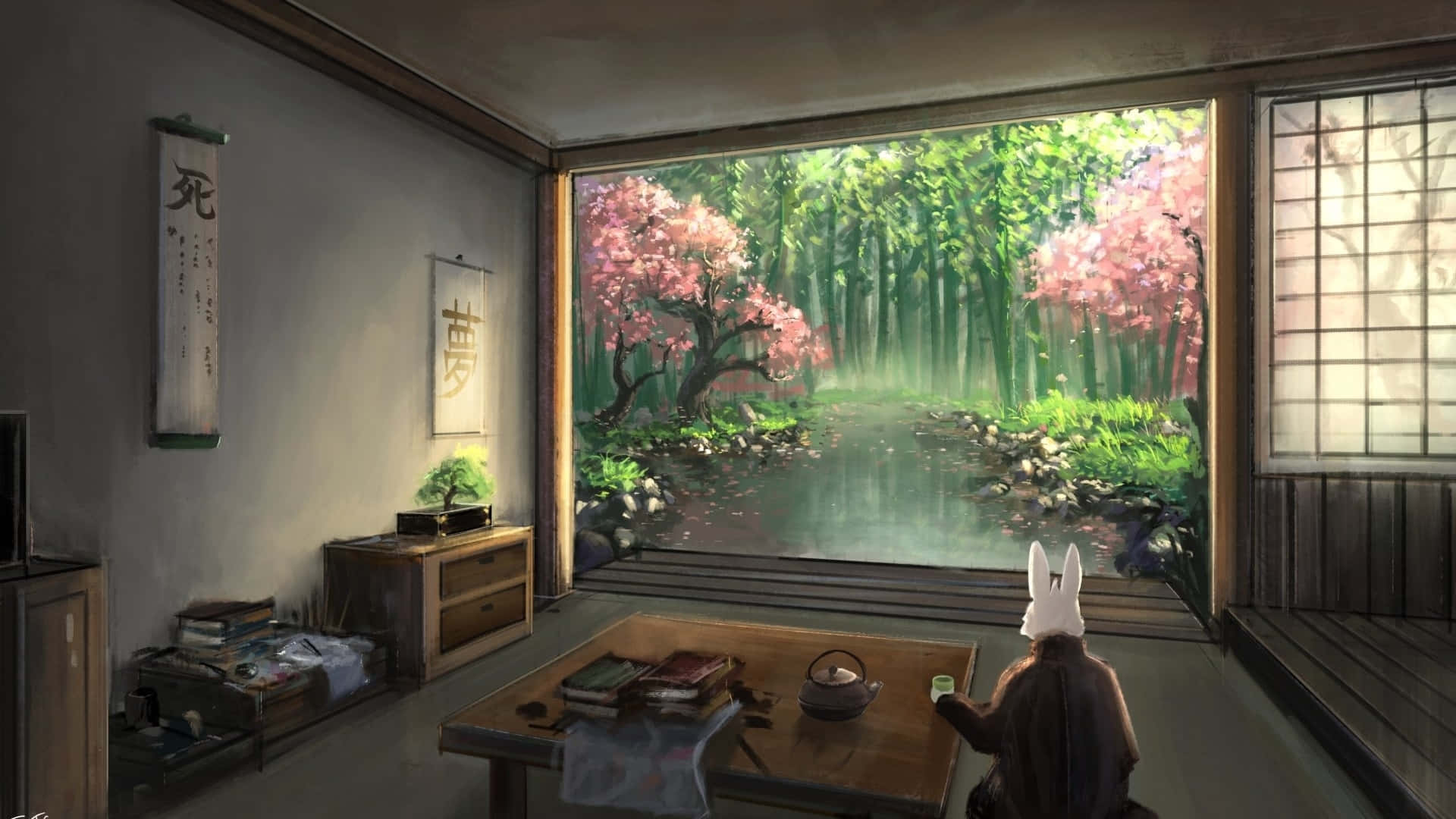 rabbit, traditional Japanese room, cherry blossom forest, Full HD Desktop Wallpaper