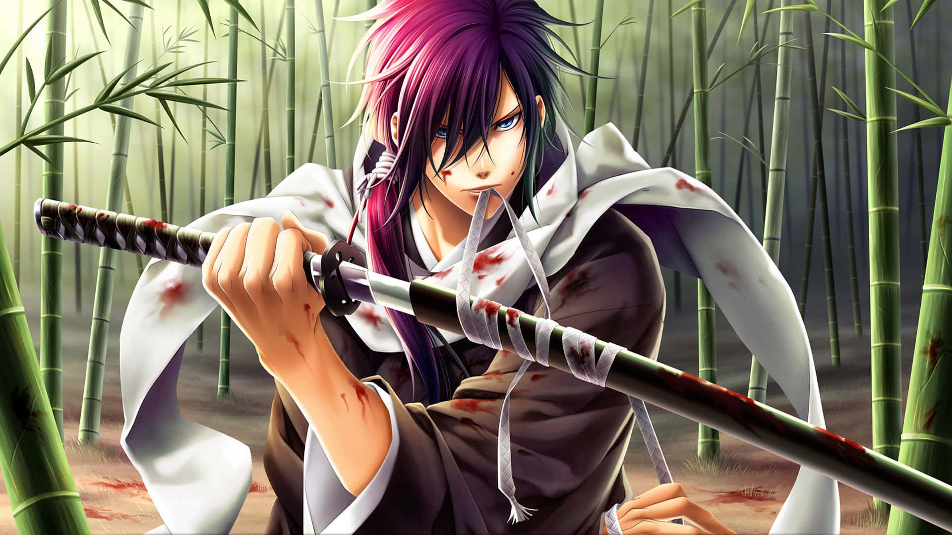 anime samurai, purple hair, bloodied katana, Full HD Desktop Wallpaper