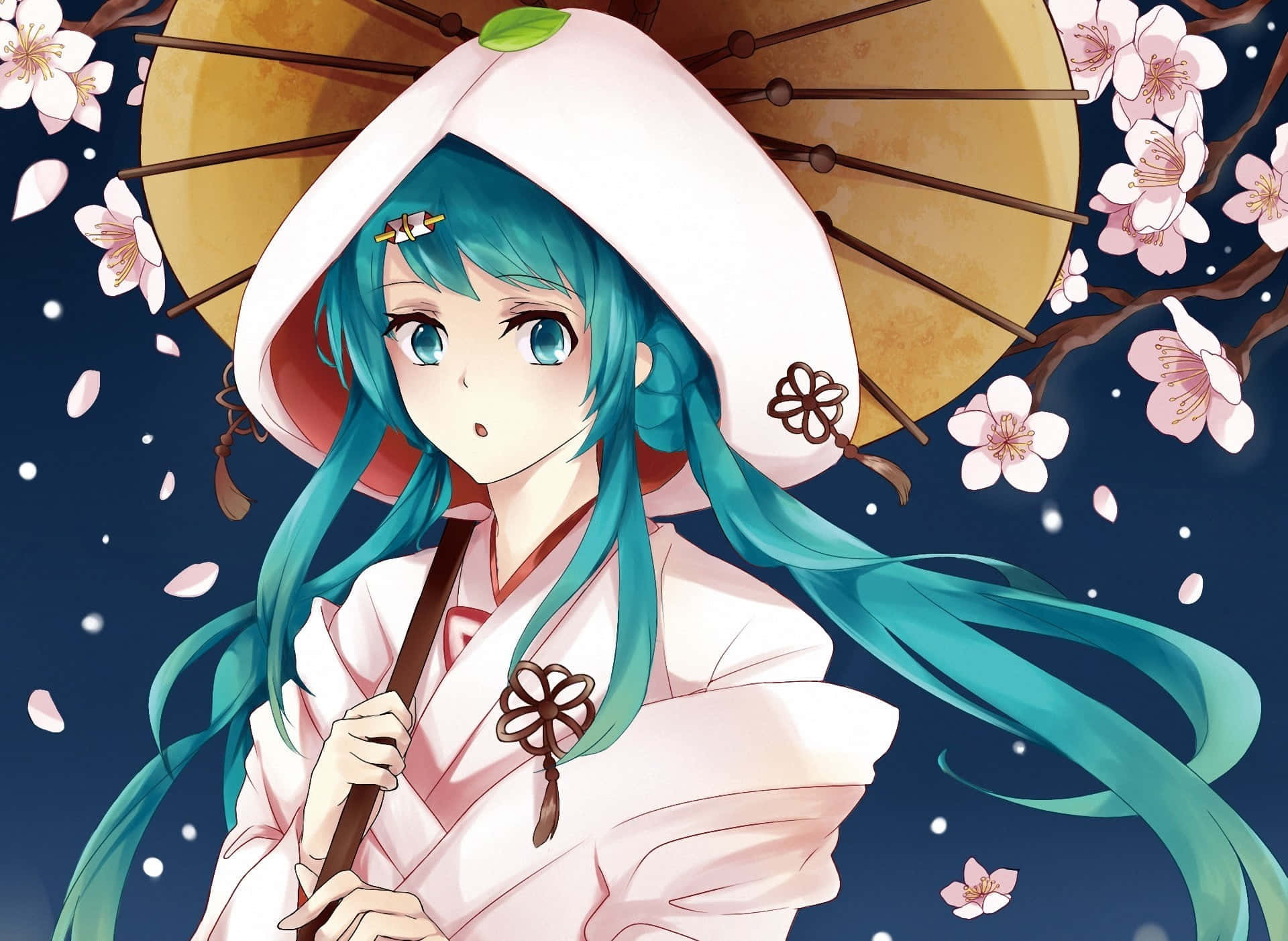 anime girl, teal hair, white kimono, Full HD Desktop Wallpaper