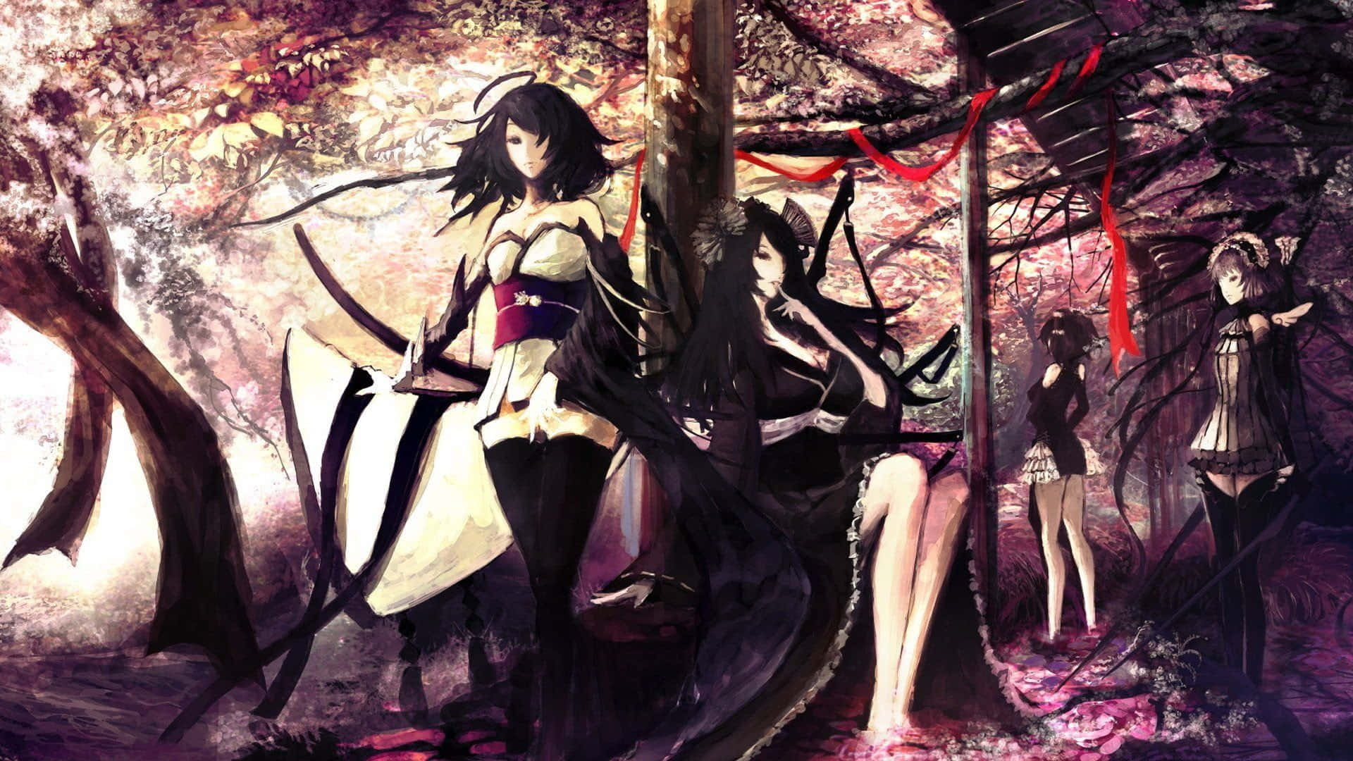 Japanese culture, anime girls, cherry blossom forest, Full HD Desktop Wallpaper