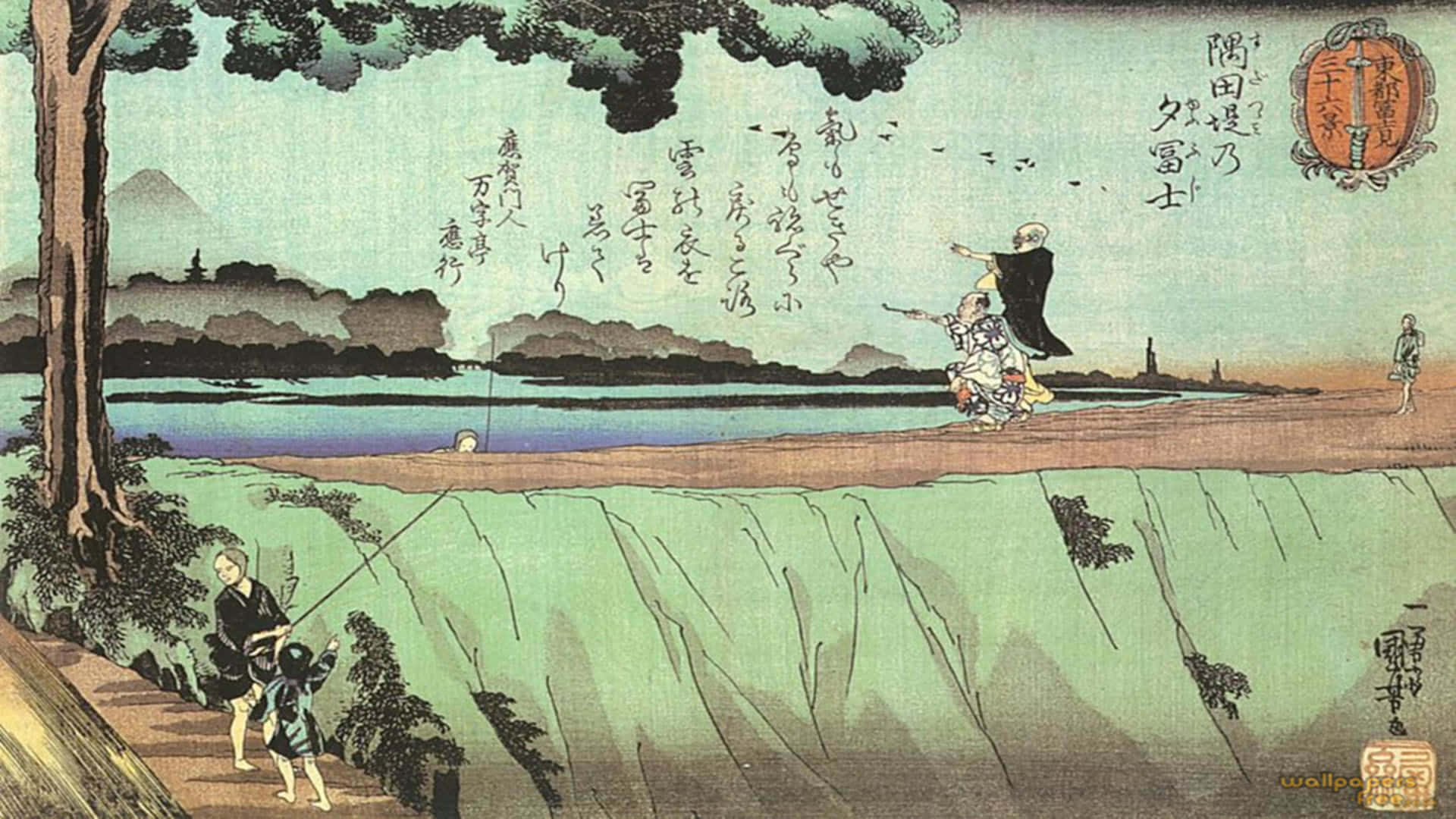 traditional Japanese woodblock print, riverbank, large tree, Full HD Desktop Wallpaper