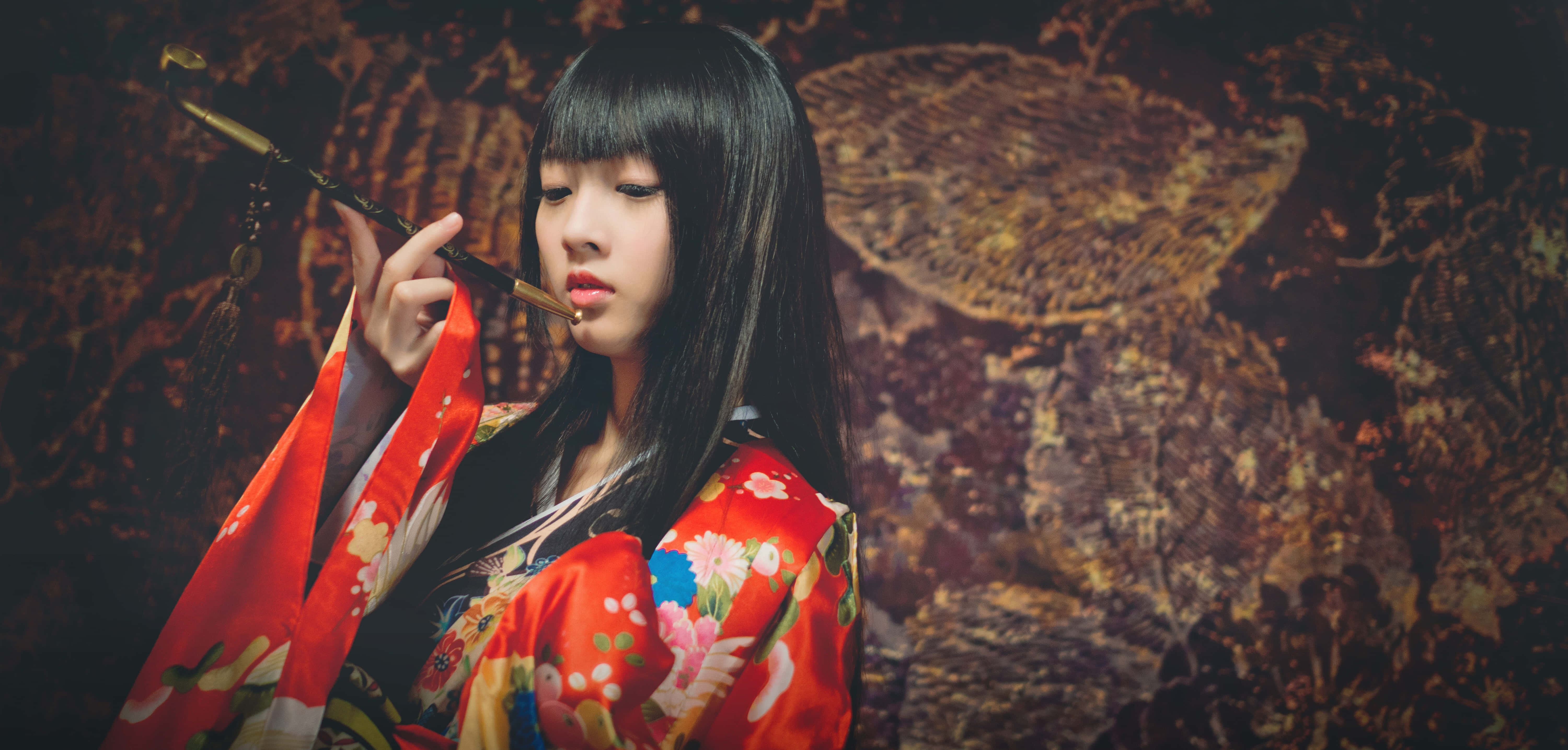 Japanese women in kimono, vibrant red floral kimono, pipe, 5K Desktop Wallpaper