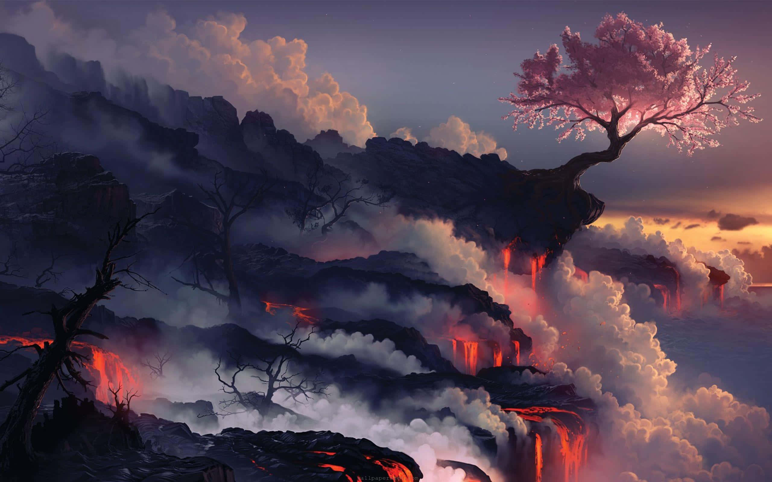 Japanese Desktop, pink cherry blossom tree, volcanic cliff, 2K Desktop Wallpaper