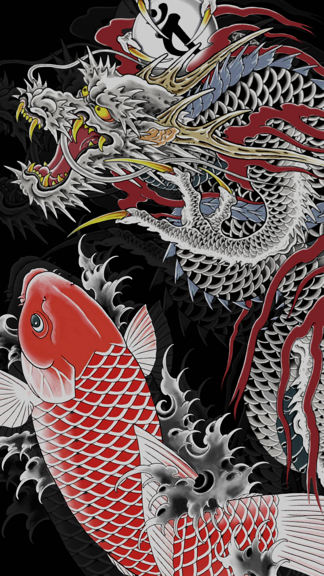 Japanese Dragon Art, white dragon, red accents, Full HD Phone Wallpaper