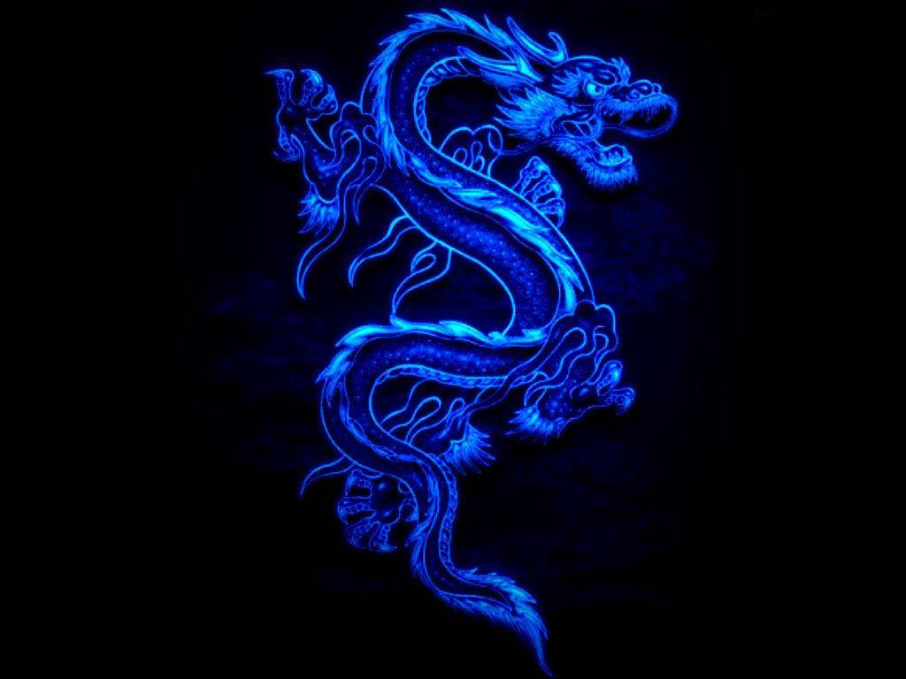 Japanese Dragon Art, glowing electric blue dragon, pitch black background, SD Desktop Wallpaper