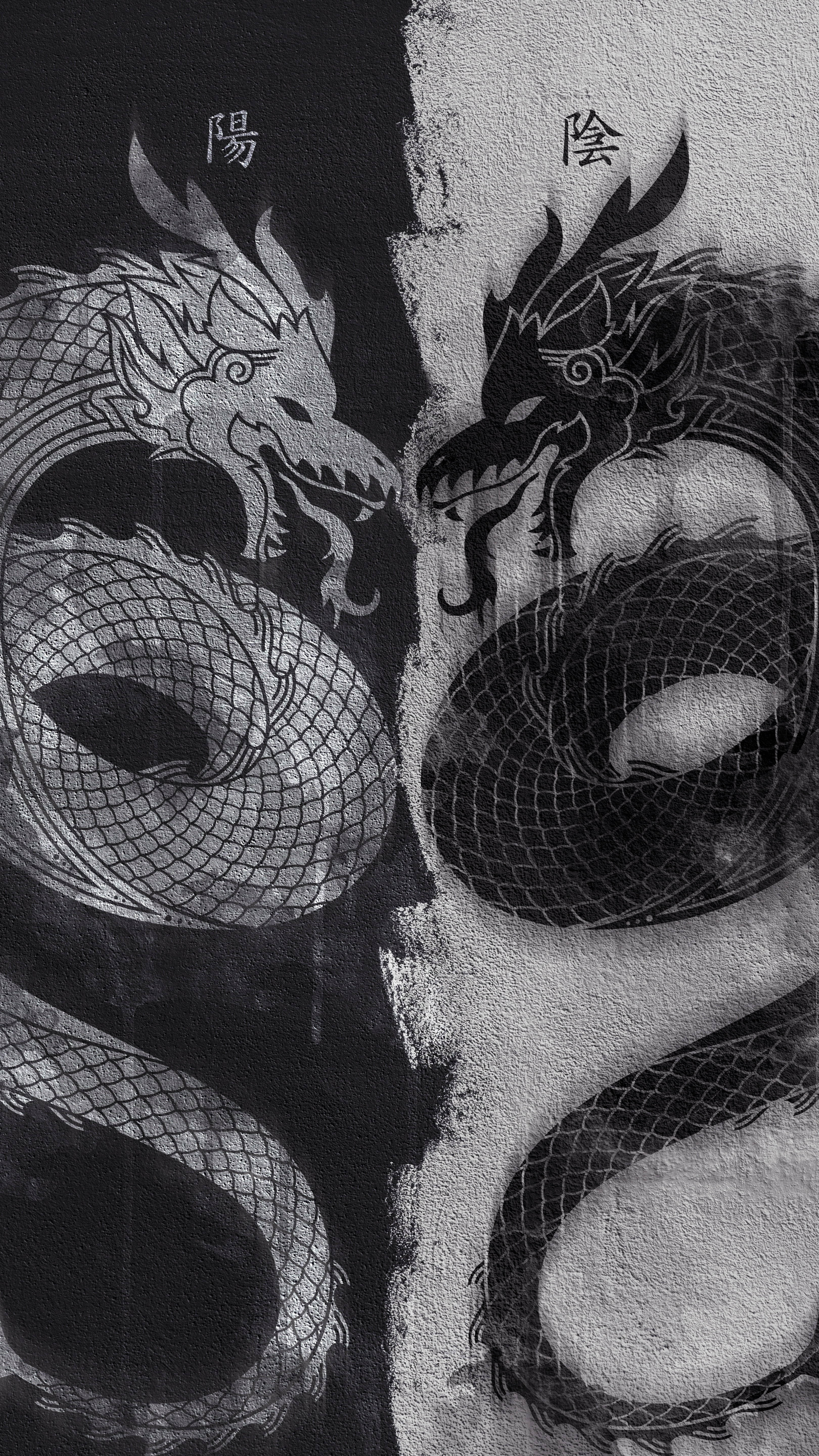 Japanese Dragon Art, yin yang split, light gray dragon, 5K Phone Wallpaper