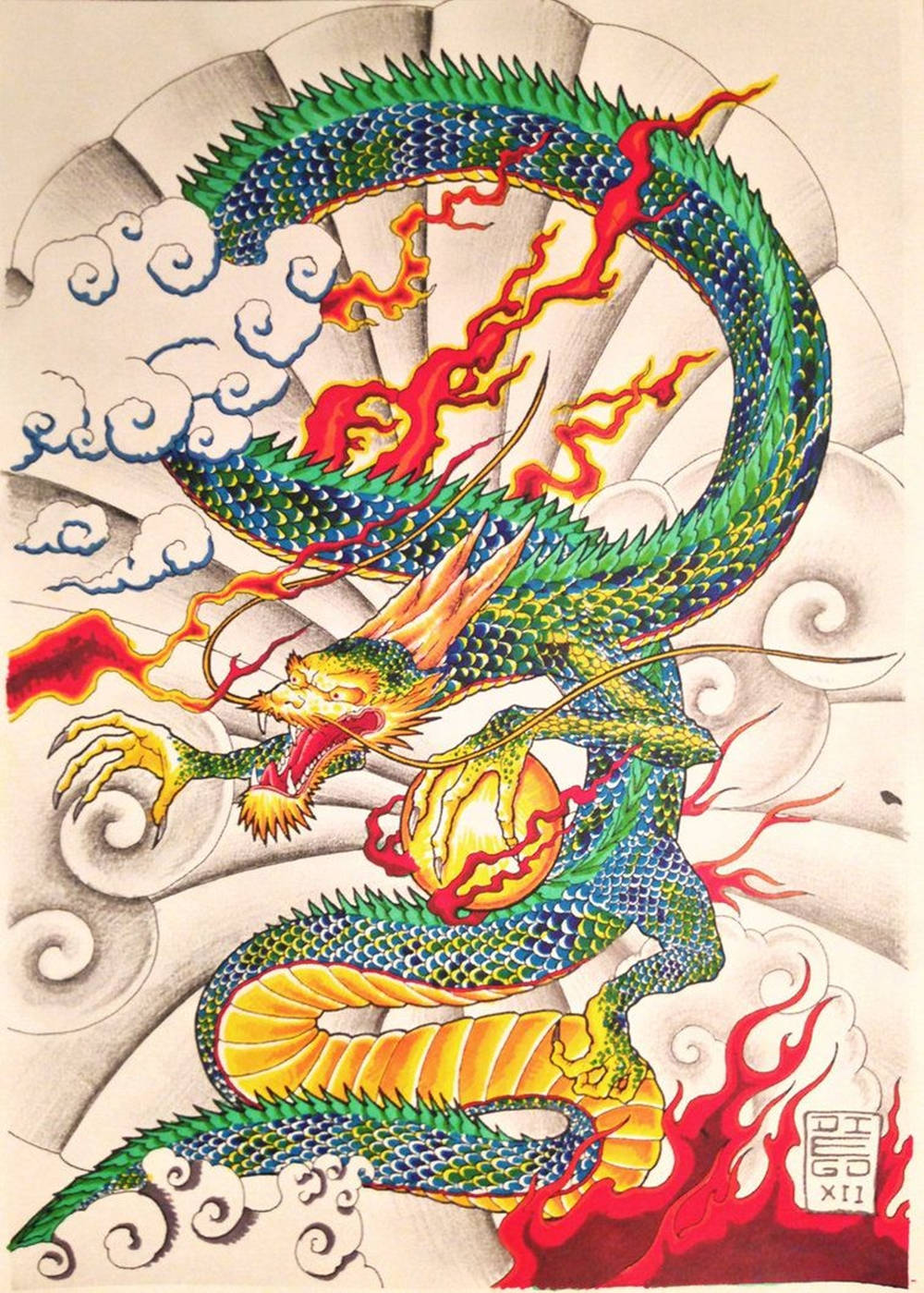 Japanese Dragon Art, green-scaled dragon, swirling clouds, HD Phone Wallpaper