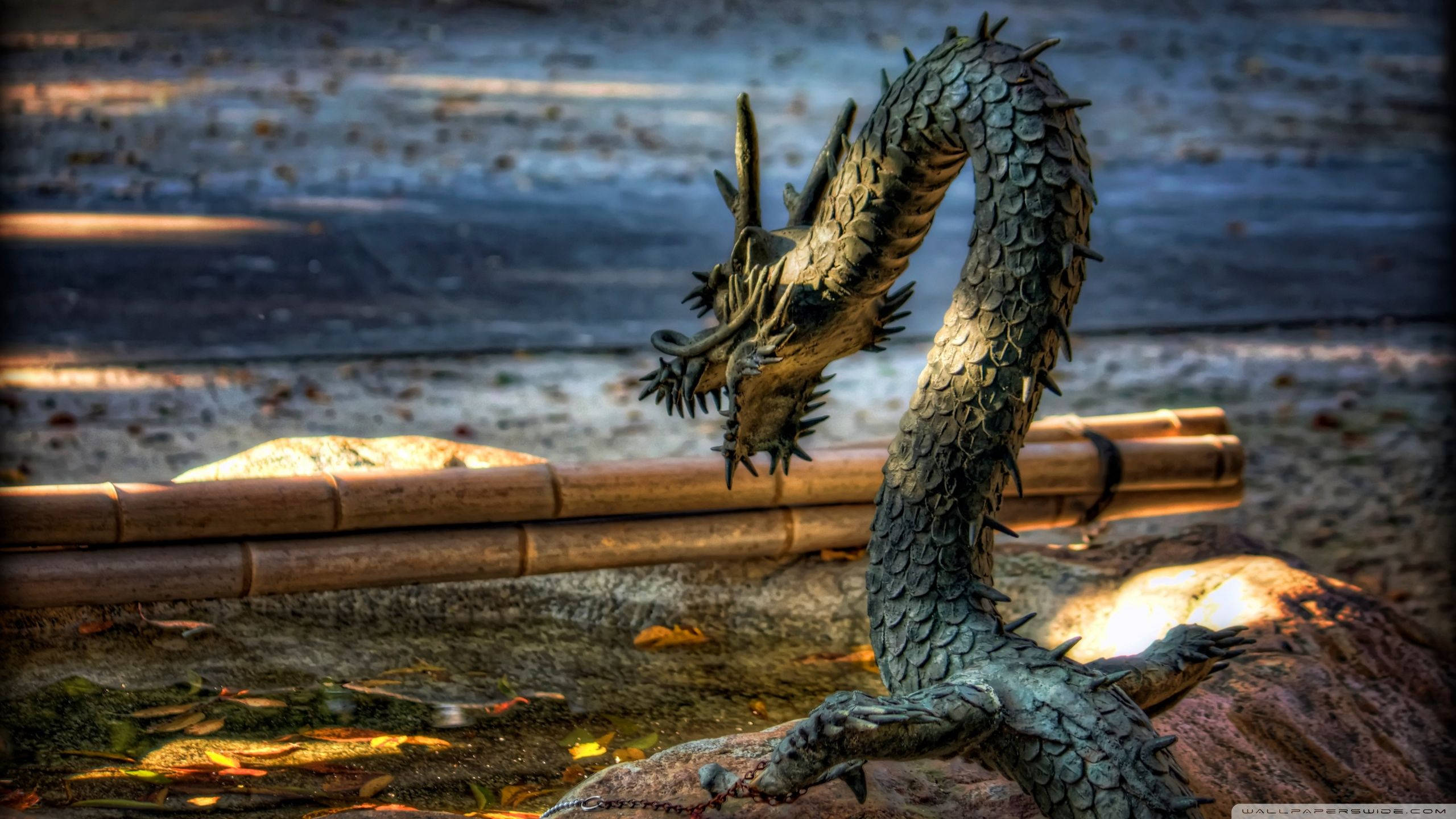 Japanese Dragon, bronze dragon statue, spiked scales, 2K Desktop Wallpaper