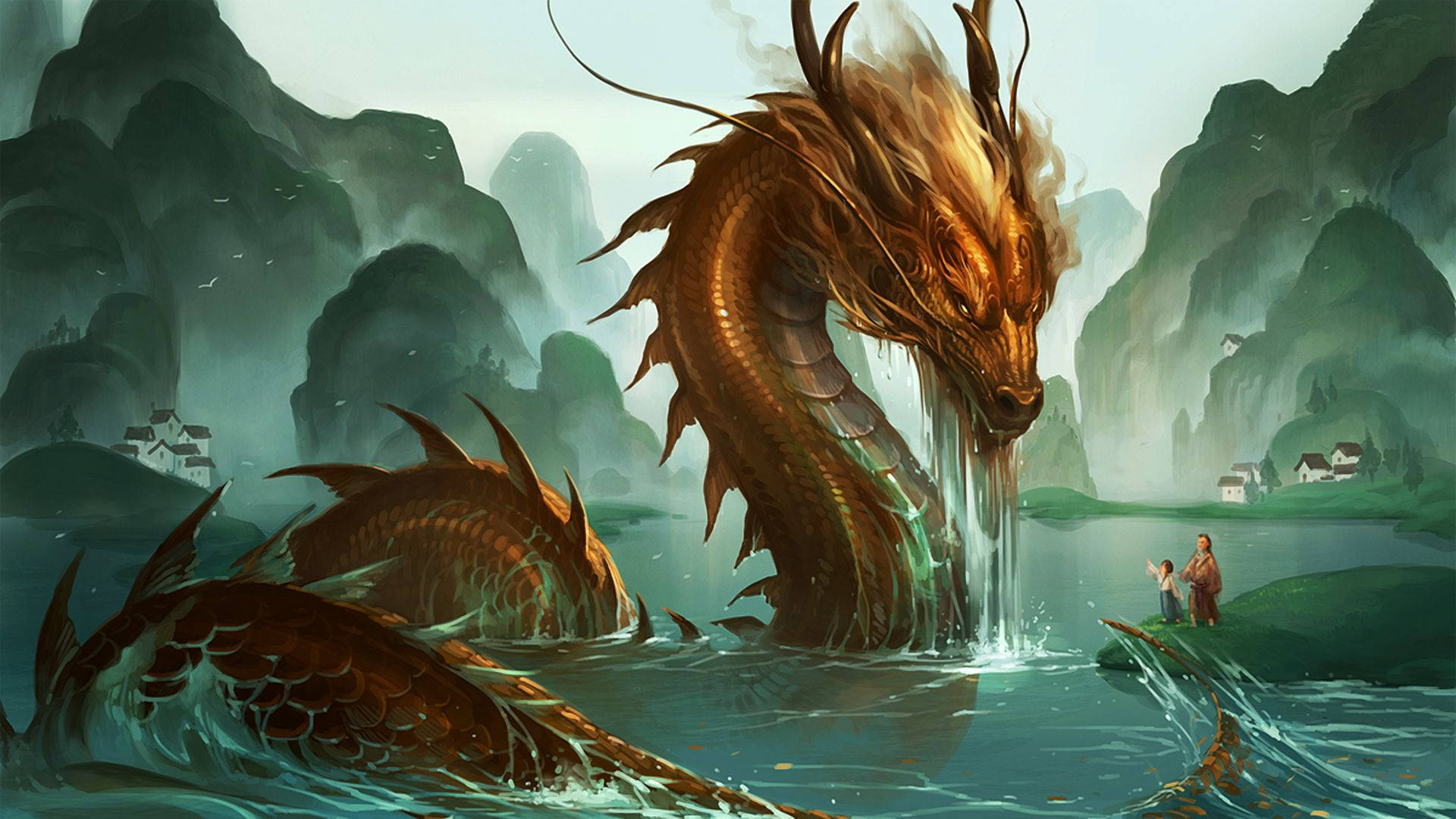 Japanese Dragon Art, majestic river dragon, golden dragon, Full HD Desktop Wallpaper