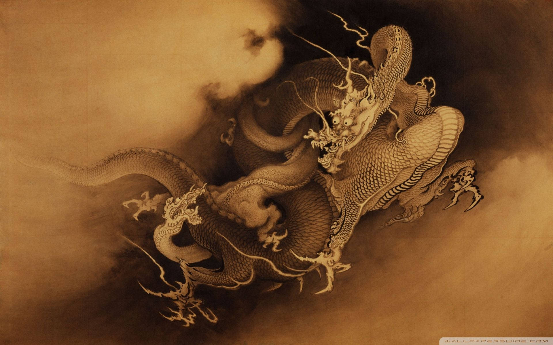Japanese Dragon, ink-drawn dragon, swirling clouds, Full HD Desktop Wallpaper