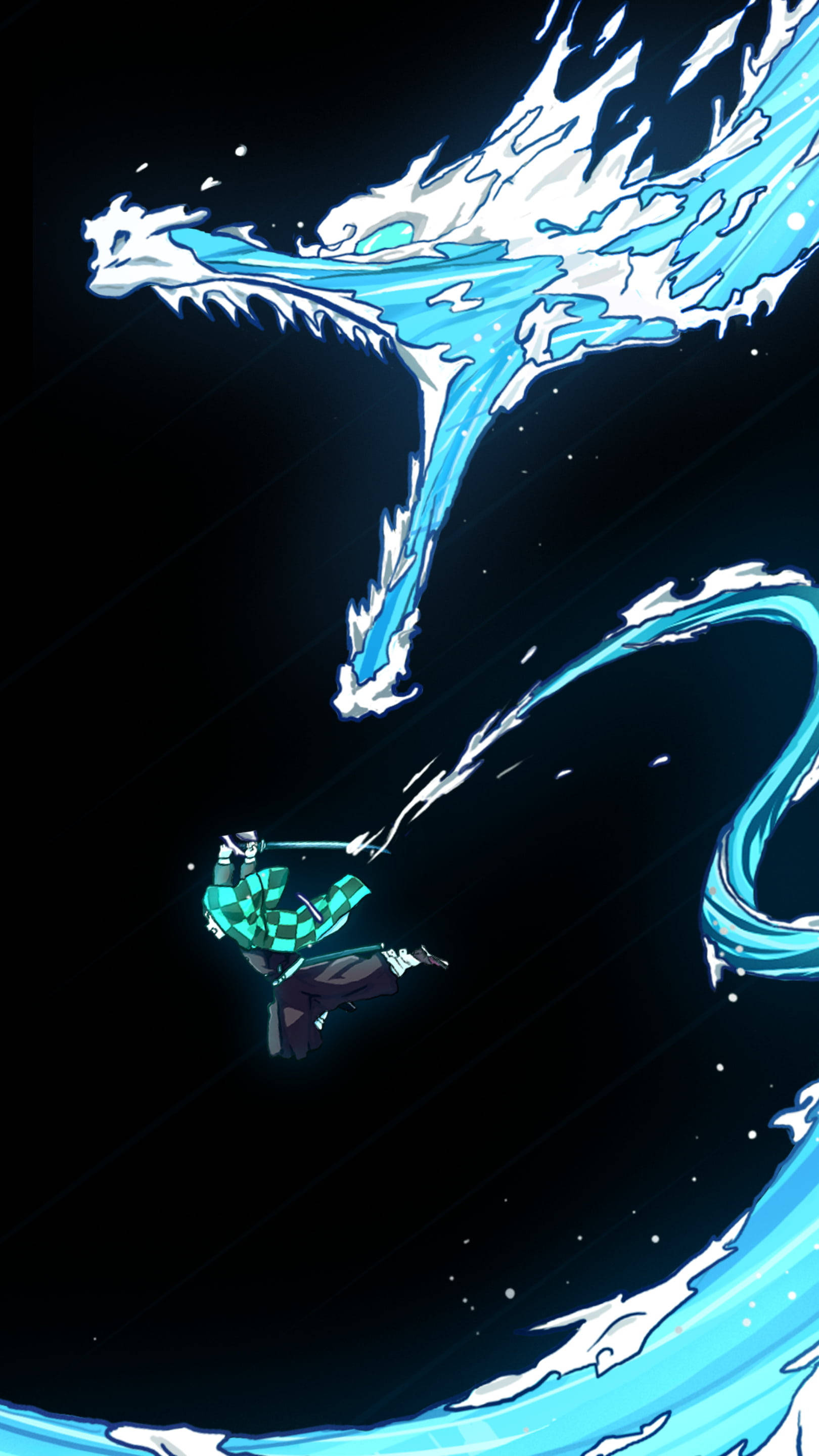 Japanese Dragon Art, blue water dragon, ninja, 2K Phone Wallpaper