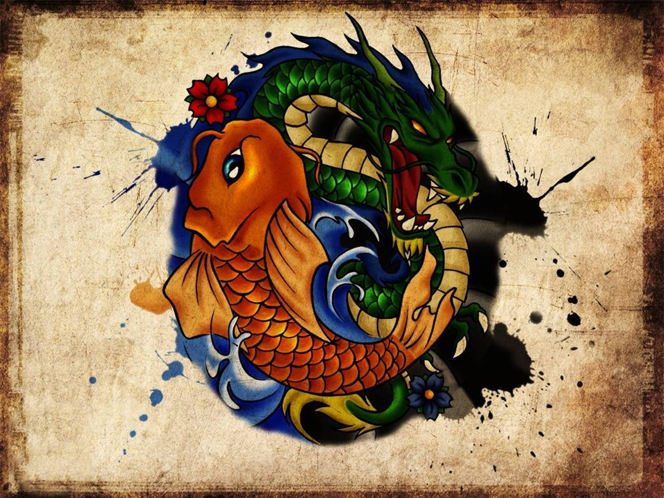 Japanese Dragon Art, orange koi, green dragon, HD Desktop Wallpaper