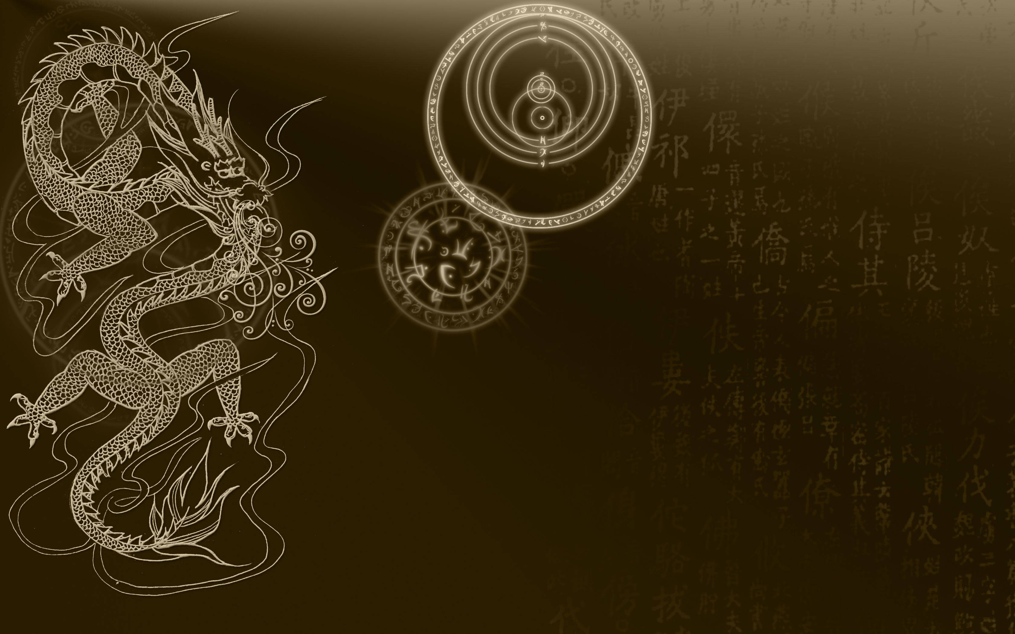 Japanese Dragon Art, white line-drawn dragon, dark brown backdrop, 2K Desktop Wallpaper