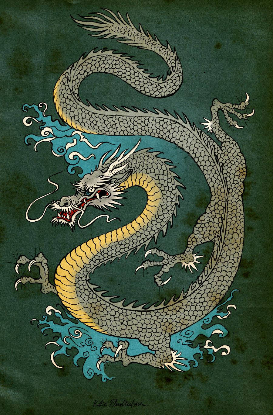 Japanese Dragon Art, gray and gold dragon, textured dark green background, HD Phone Wallpaper