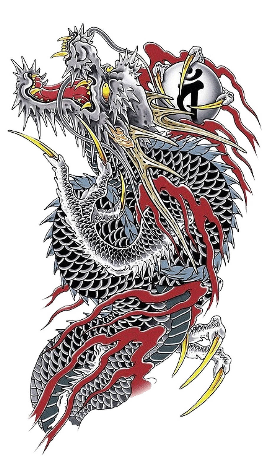 Japanese Dragon Tattoo, black and silver, red flames, HD Phone Wallpaper