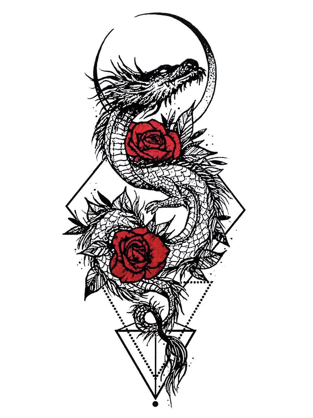 Japanese Dragon Tattoo, red roses, black ink, HD Phone Wallpaper