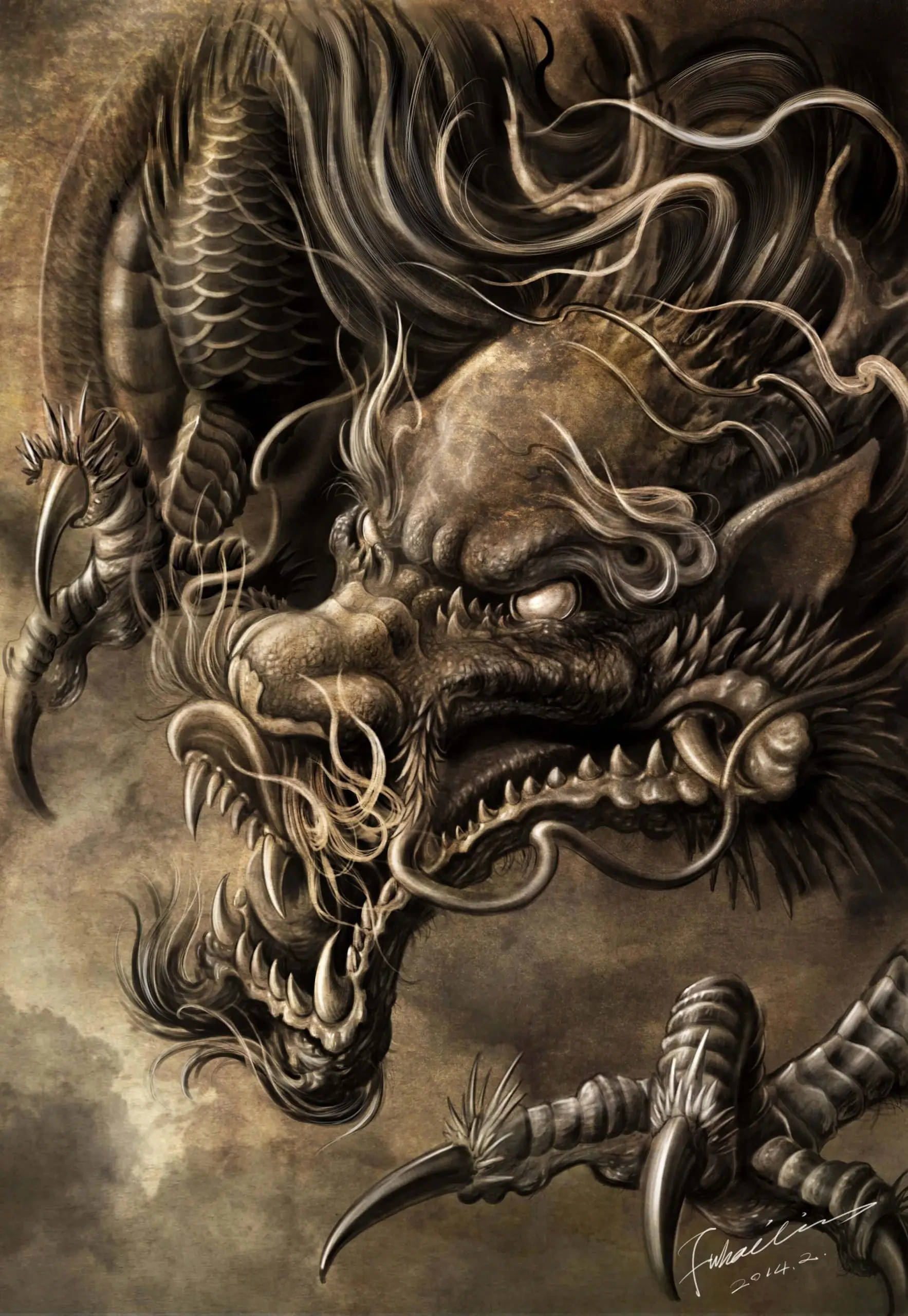 Japanese Dragon Tattoo, ink-drawn dragon, sharp claws, 2K Phone Wallpaper