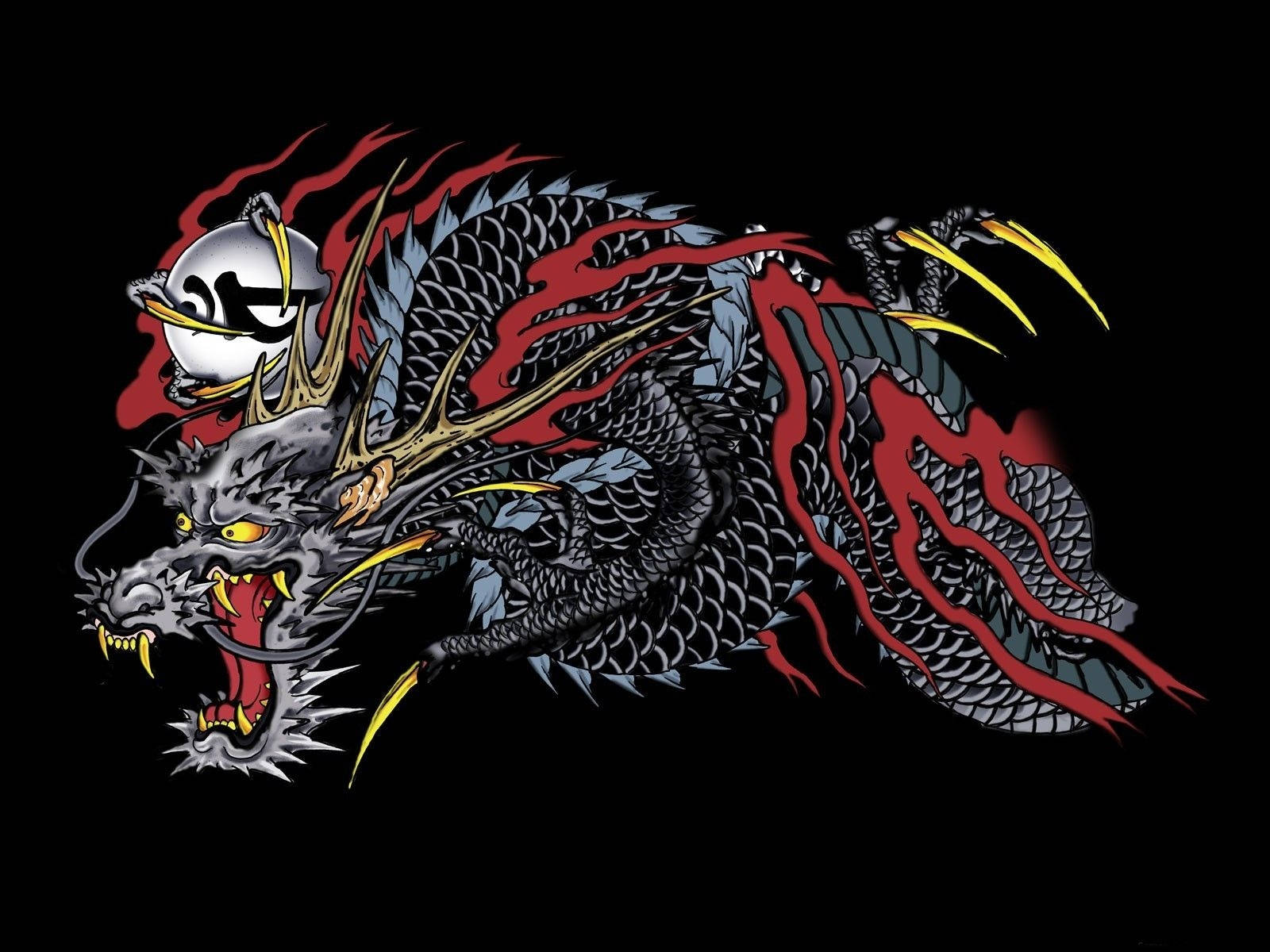 Japanese Dragon, black dragon, red flames, HD Desktop Wallpaper