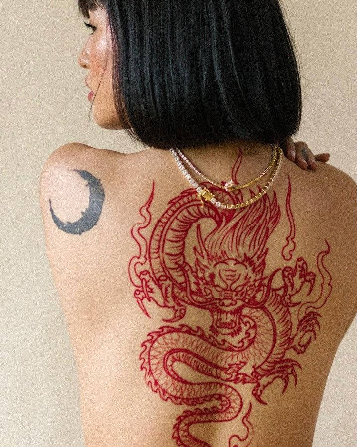 Japanese Dragon Tattoo, red dragon tattoo, crescent moon tattoo, SD Phone Wallpaper