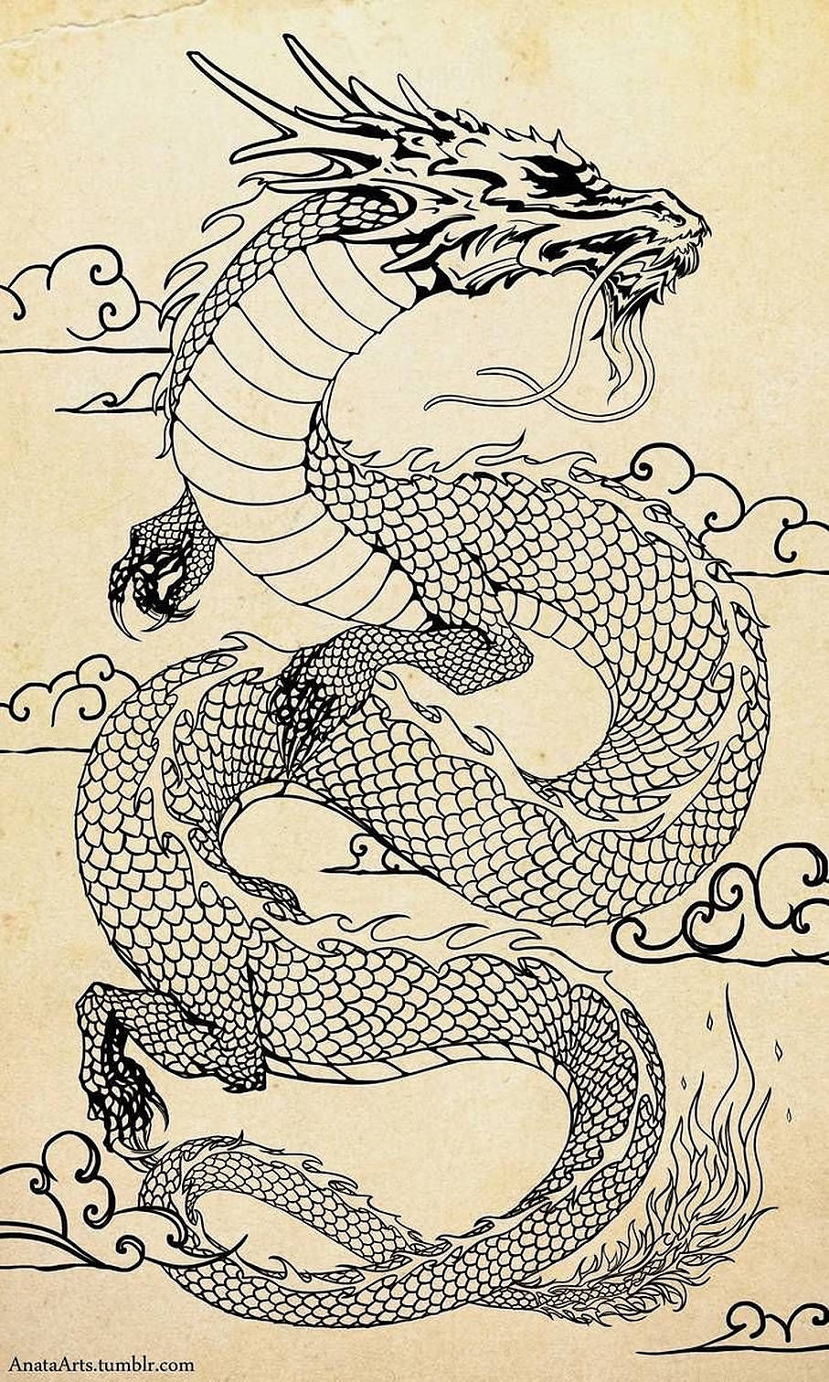Japanese Dragon Tattoo, black ink, stylized clouds, HD Phone Wallpaper
