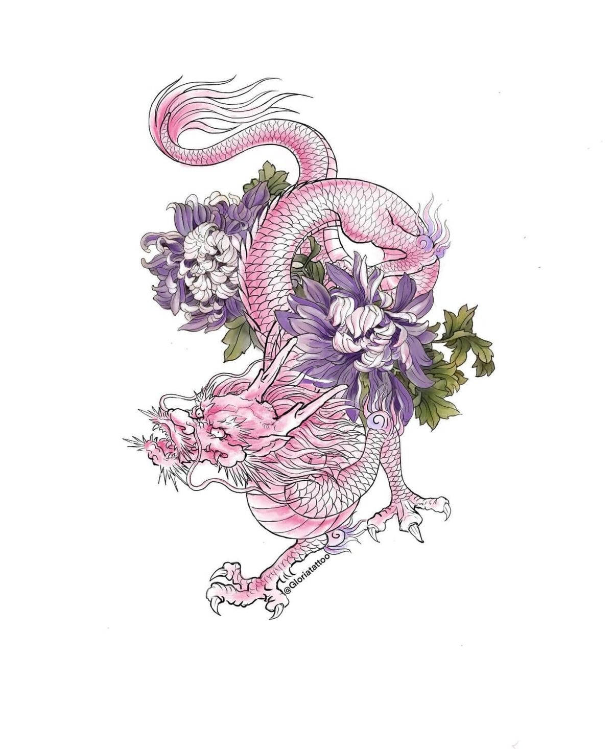 pink Japanese dragon, purple chrysanthemums, white chrysanthemums, HD Phone Wallpaper