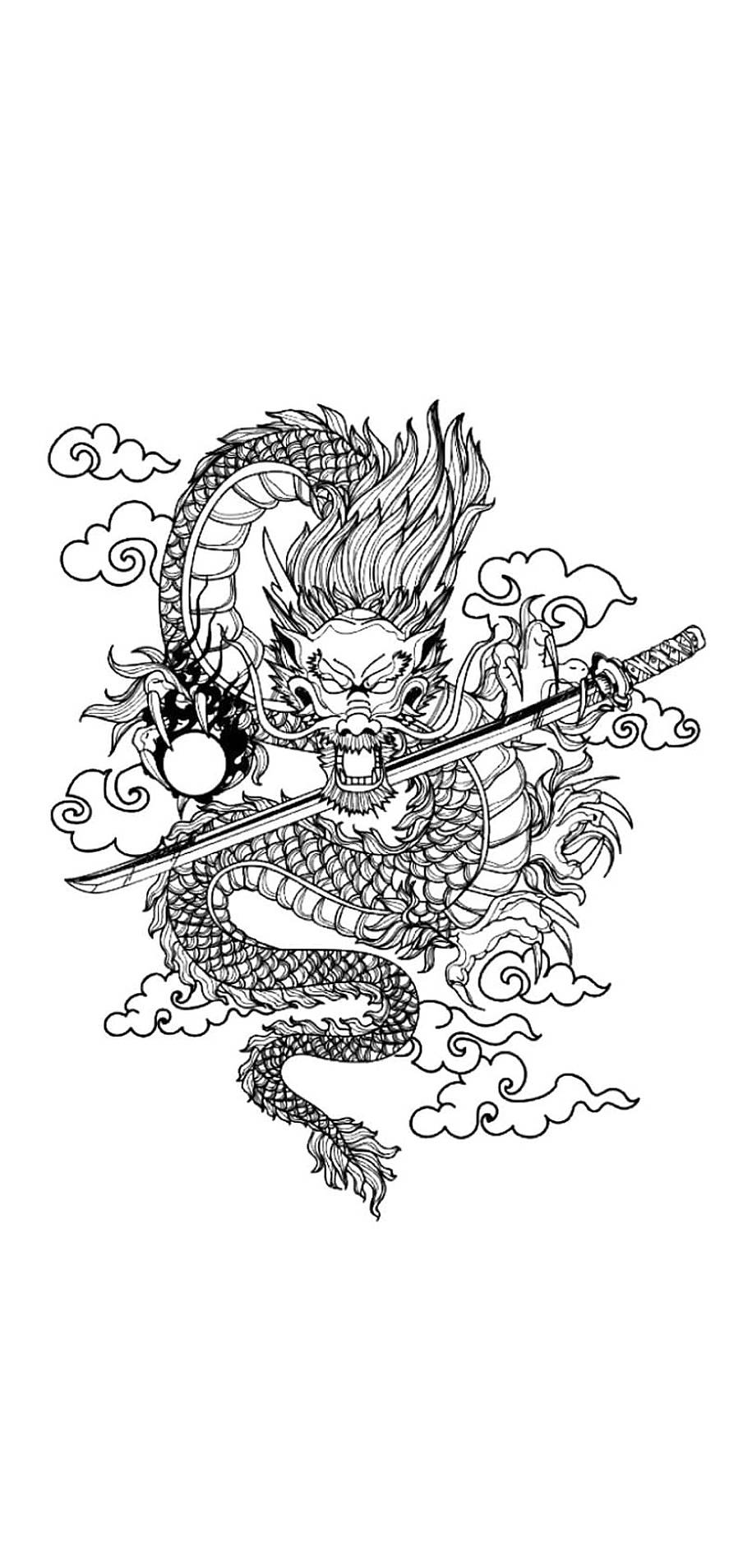 minimalist japanese dragon tattoo, black and white illustrated dragon, coils around a sword, HD Phone Wallpaper