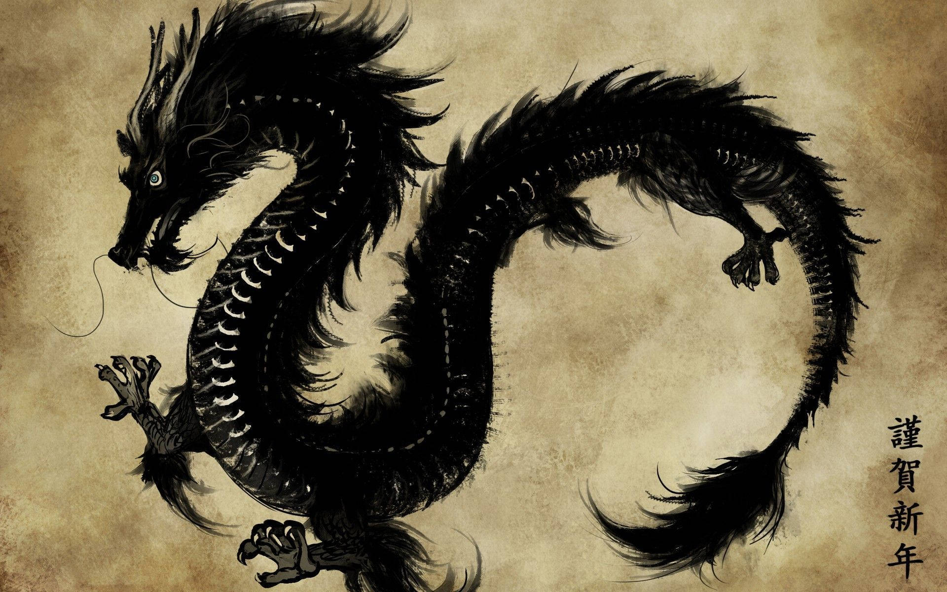 Japanese Dragon Art, vintage black dragon, aged parchment, Full HD Desktop Wallpaper