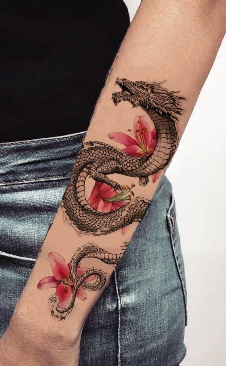 Japanese Dragon Tattoo, coiled dragon, vibrant pink lilies, SD Phone Wallpaper