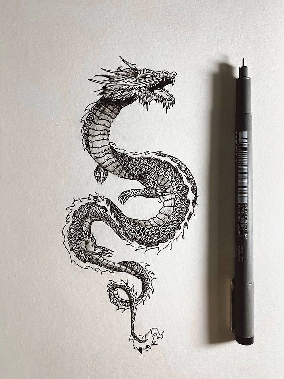 mini japanese dragon tattoo, black ink dragon, S shape, SD Phone Wallpaper