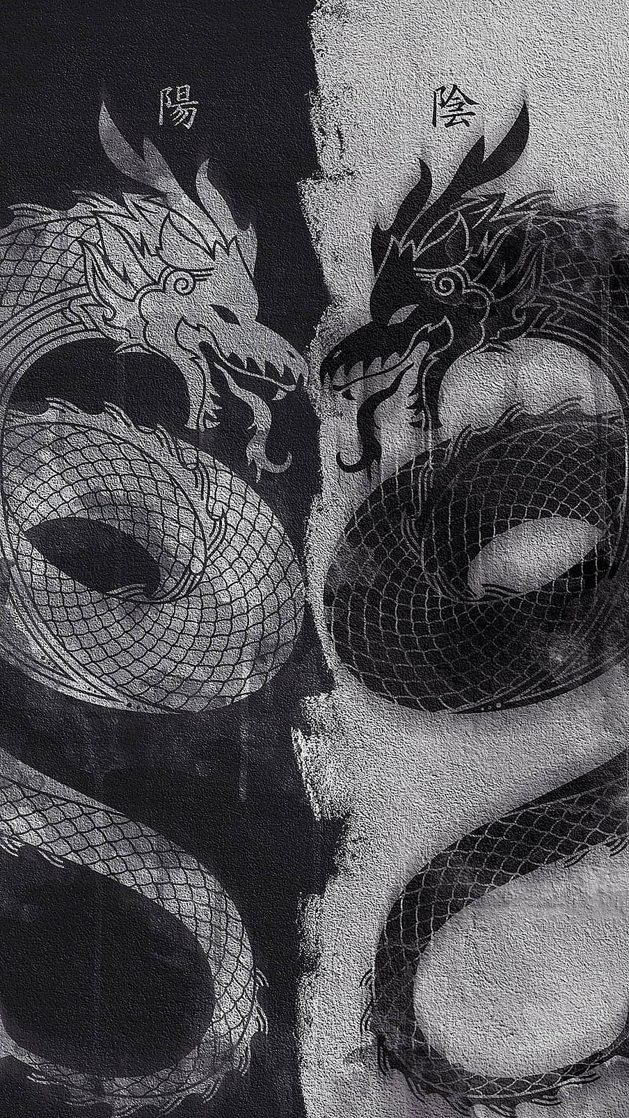 double japanese dragon tattoo, yin yang design, traditional Chinese characters, HD Phone Wallpaper