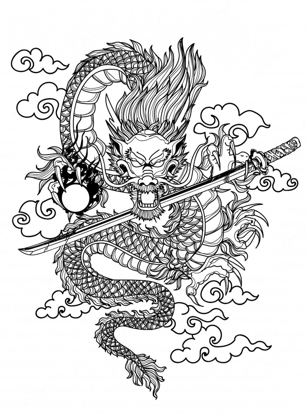Japanese Dragon Tattoo, black and white line-art, coils around a sword, HD Phone Wallpaper