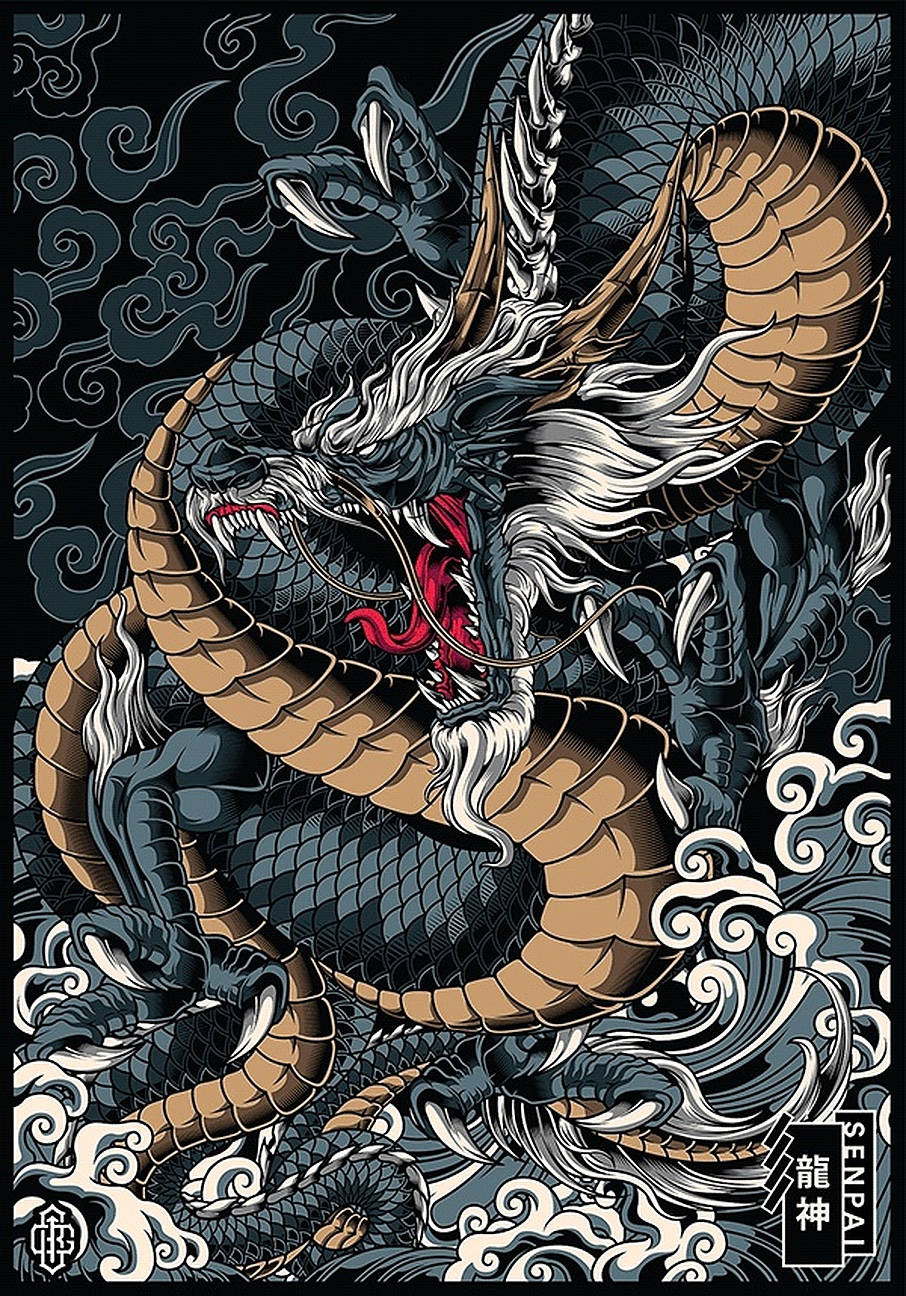 Blue Gold Japanese Dragon Tattoo, white mane, tan scales, HD Phone Wallpaper