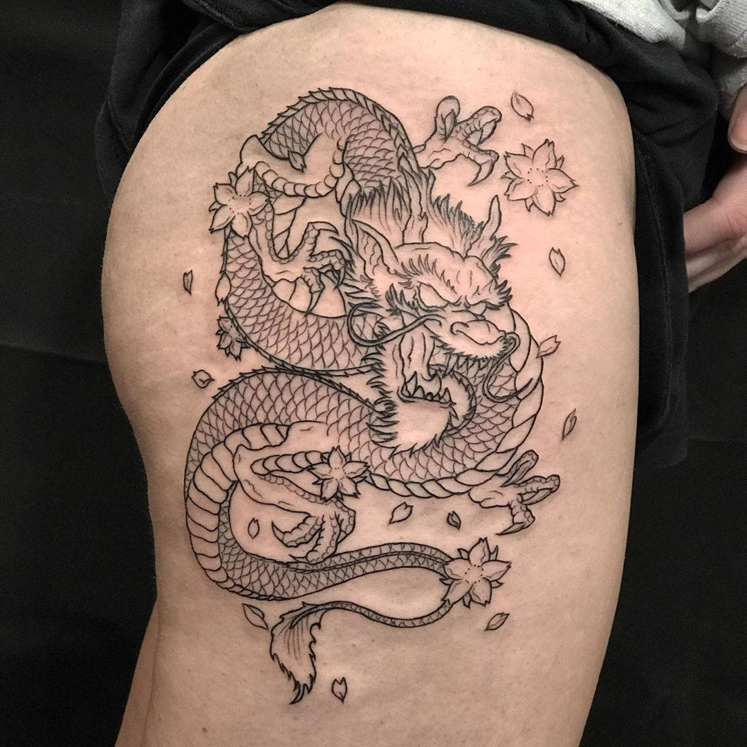 Japanese Dragon Tattoo, thigh, black ink, SD Desktop Wallpaper