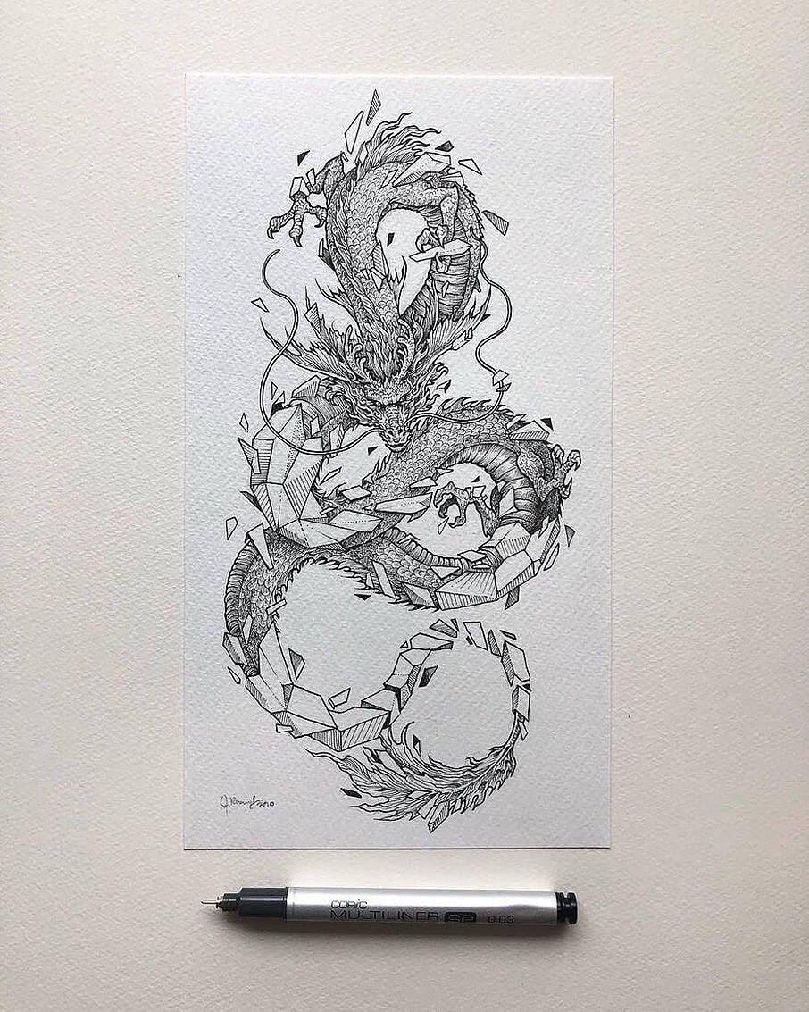 Japanese Dragon Tattoo, black and white ink drawing, stylized dragon, SD Phone Wallpaper
