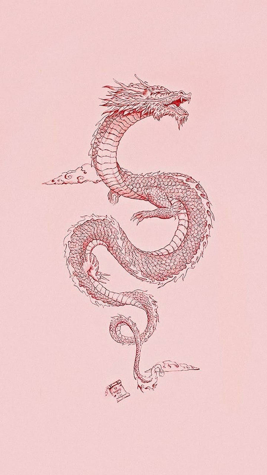 red sketched japanese dragon tattoo, line-art dragon, soft pink background, HD Phone Wallpaper