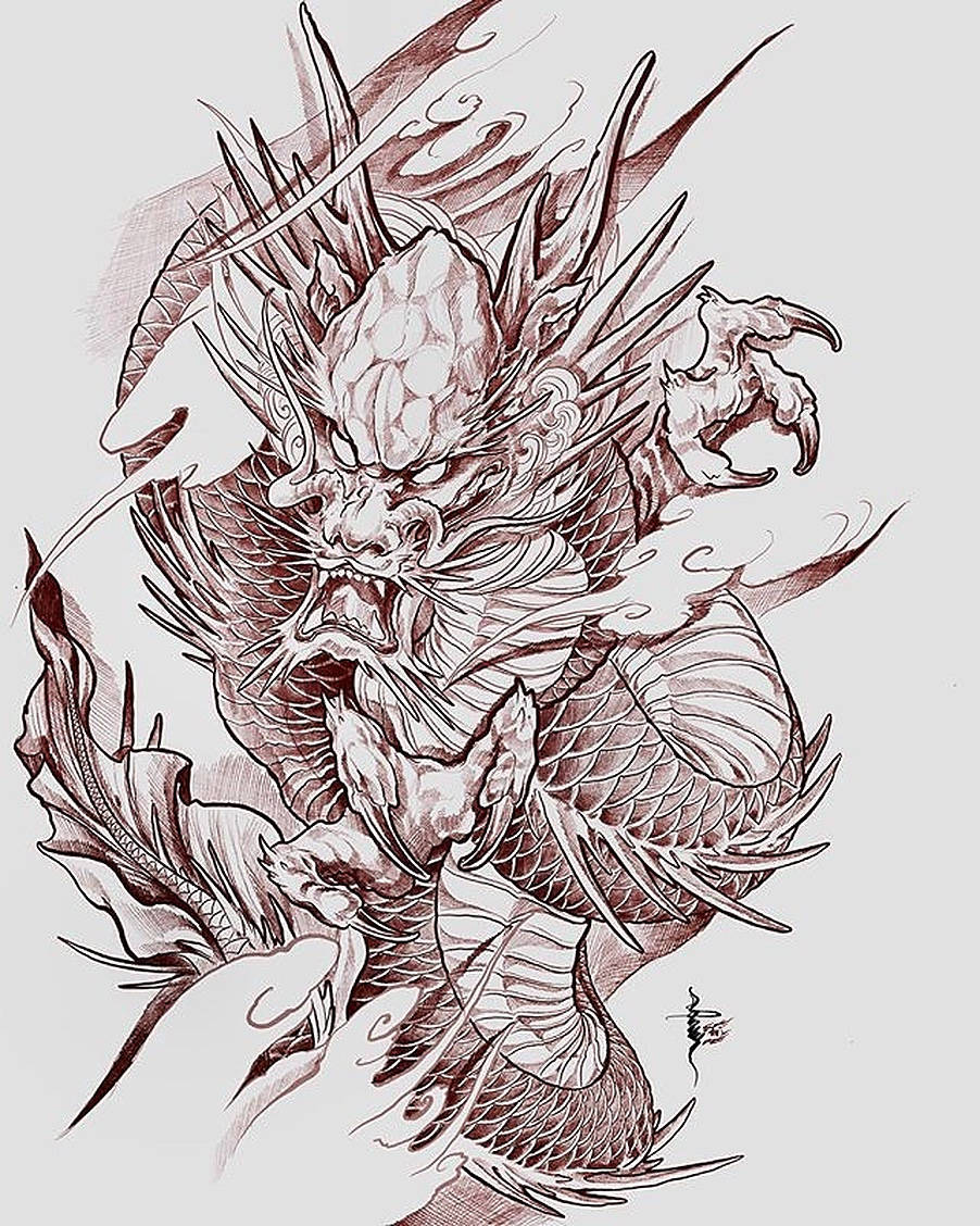 Japanese Dragon Tattoo, spiked scales, claws, SD Phone Wallpaper