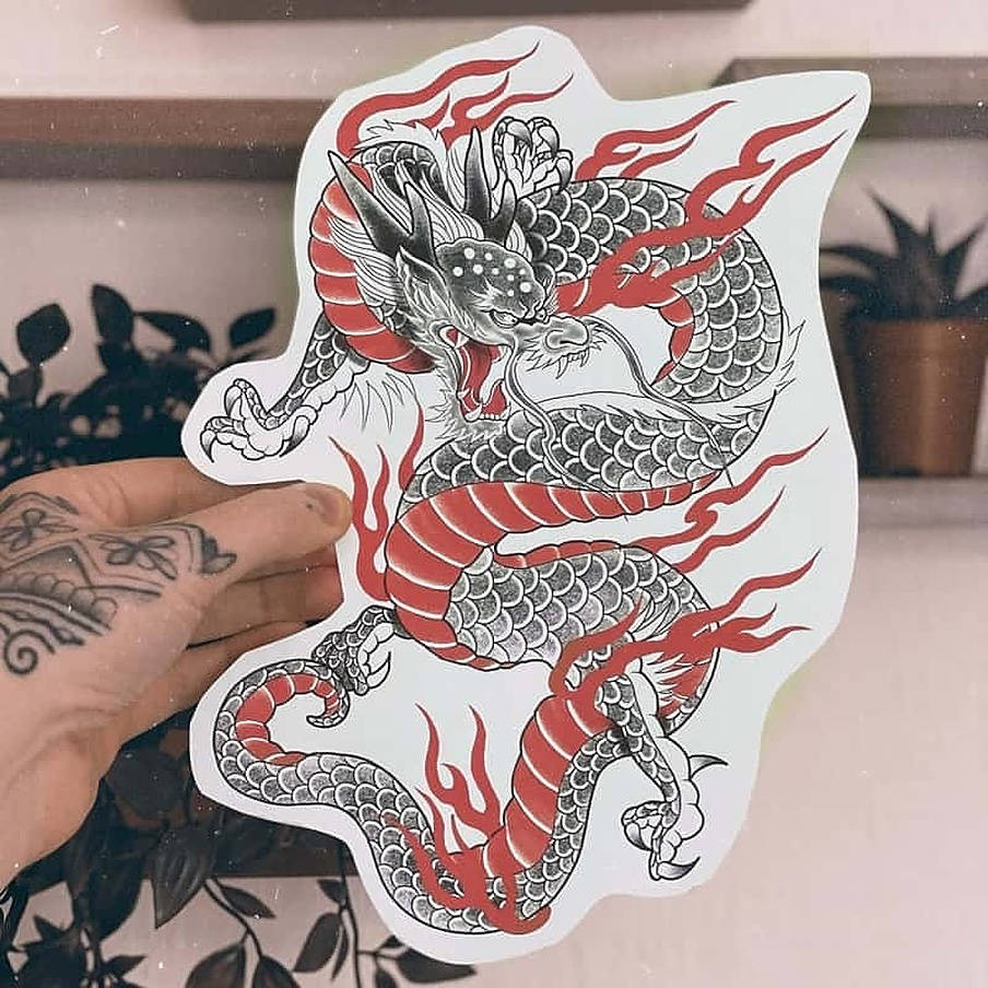 Japanese Dragon Tattoo, fiery red and black, tattoo-style dragon sticker, SD Desktop Wallpaper
