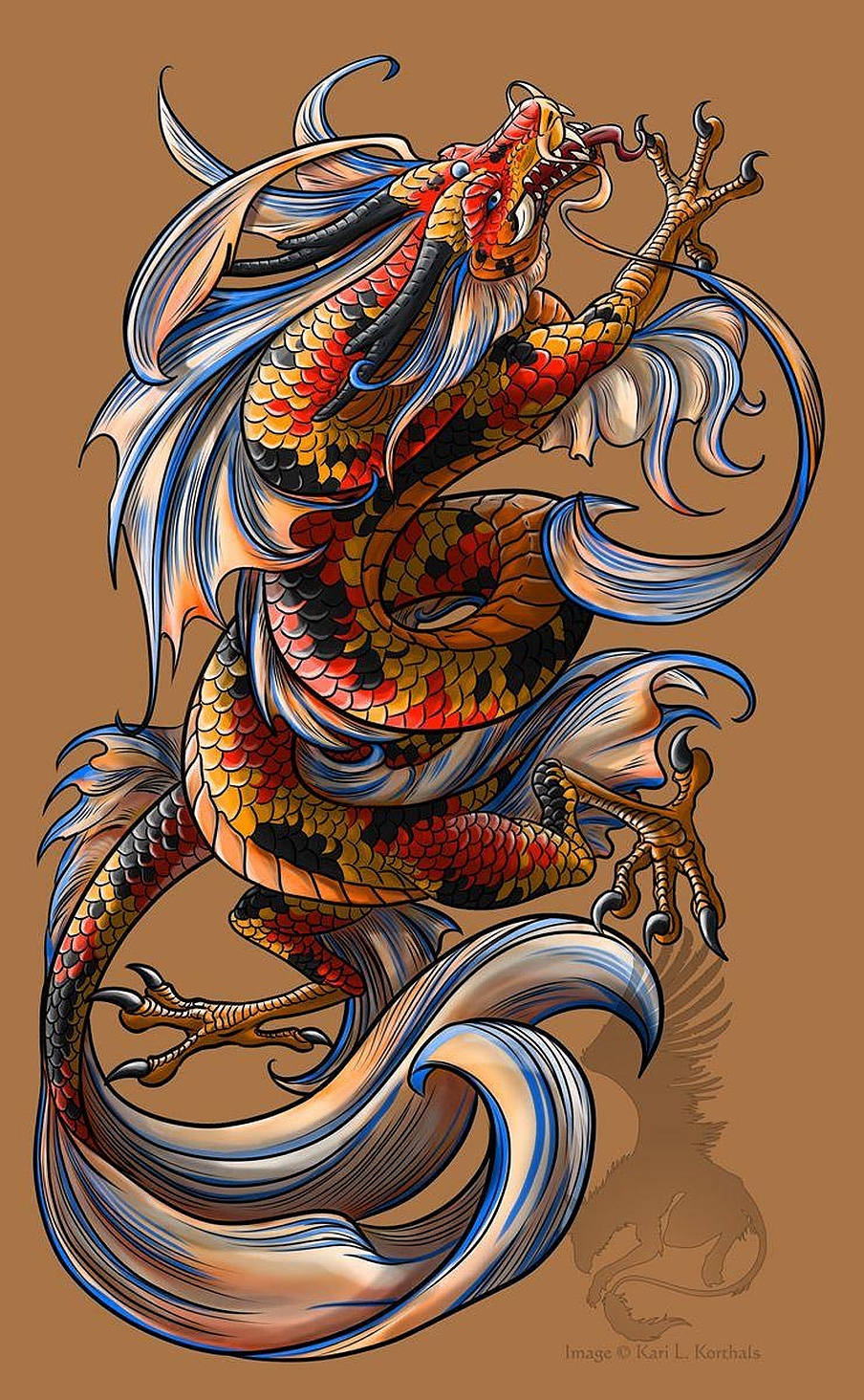 Japanese Dragon Tattoo, koi fish art, red orange and blue scales, HD Phone Wallpaper