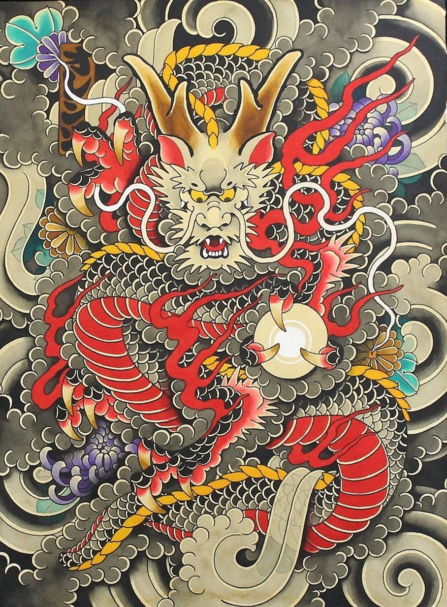 Japanese Dragon Tattoo, red, gold, SD Phone Wallpaper