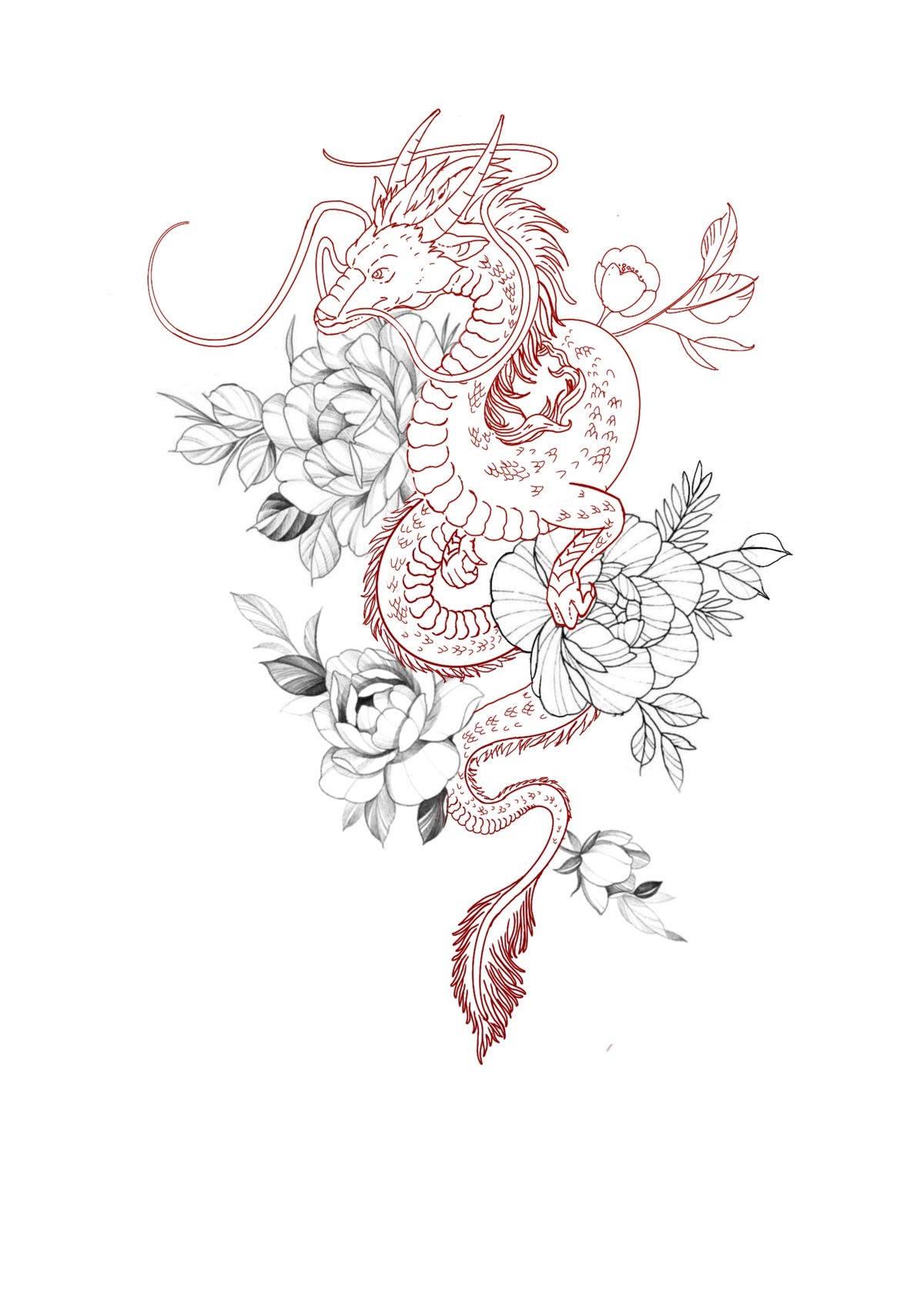 Japanese Dragon Tattoo, red ink, black and white peonies, HD Phone Wallpaper