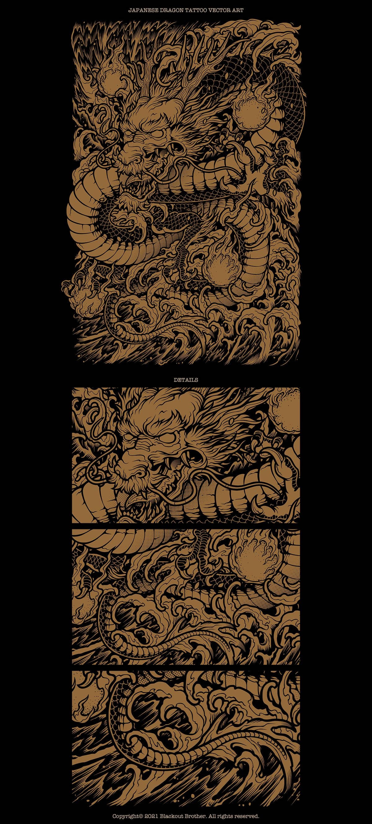 Japanese Dragon Tattoo, sepia tones, ornate waves, 2K Phone Wallpaper