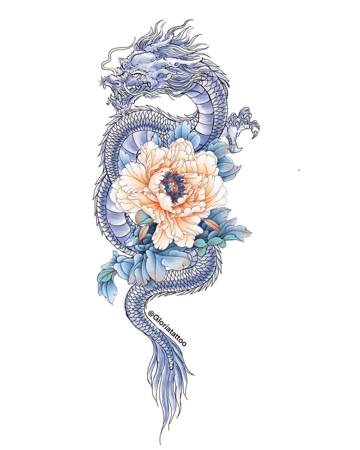 Japanese Dragon Tattoo, blue dragon, peach-colored peony flower, HD Phone Wallpaper