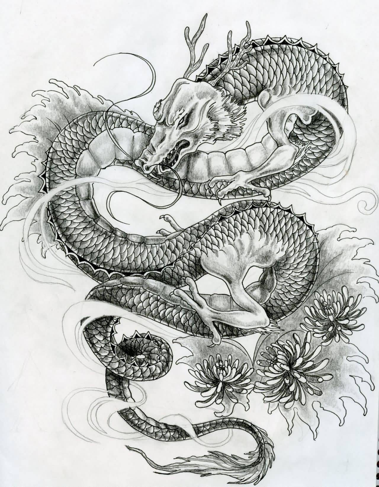 Japanese Dragon Tattoo, pencil art, coiled dragon, HD Phone Wallpaper