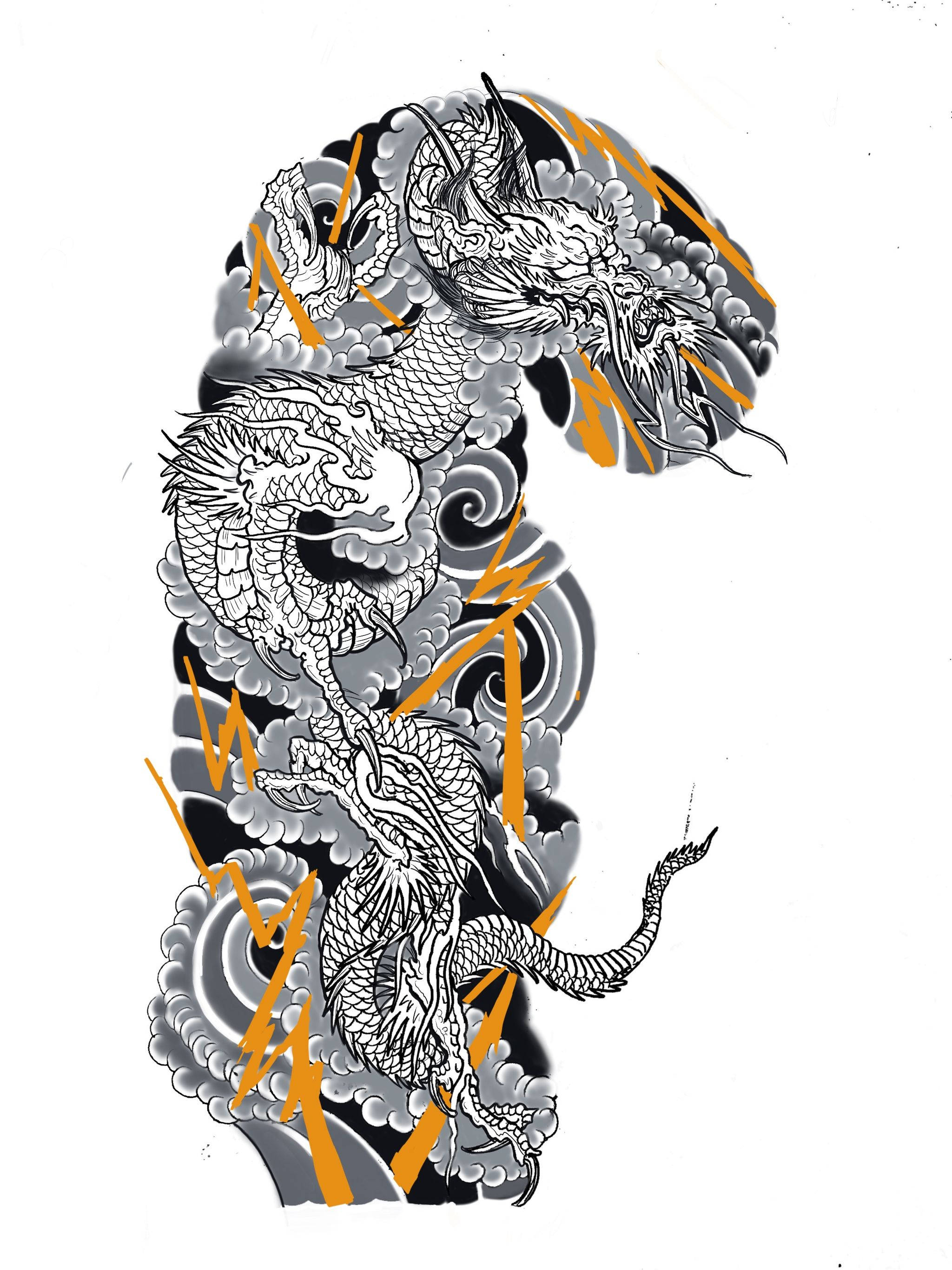 Japanese Dragon Tattoo, black white and orange, tattoo-style dragon, 2K Phone Wallpaper