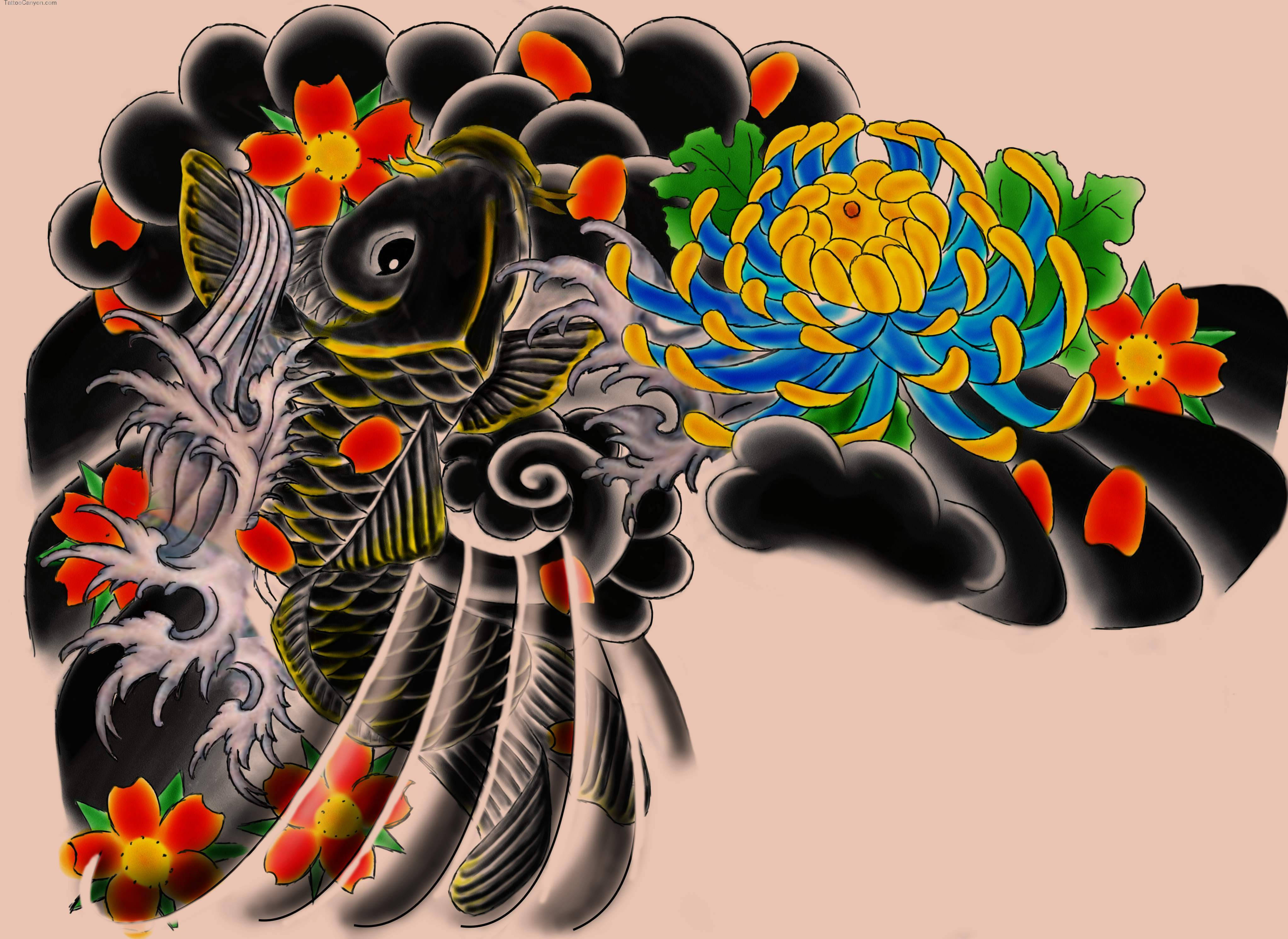Japanese Dragon Tattoo, koi fish, traditional Japanese tattoo-style, 4K Desktop Wallpaper