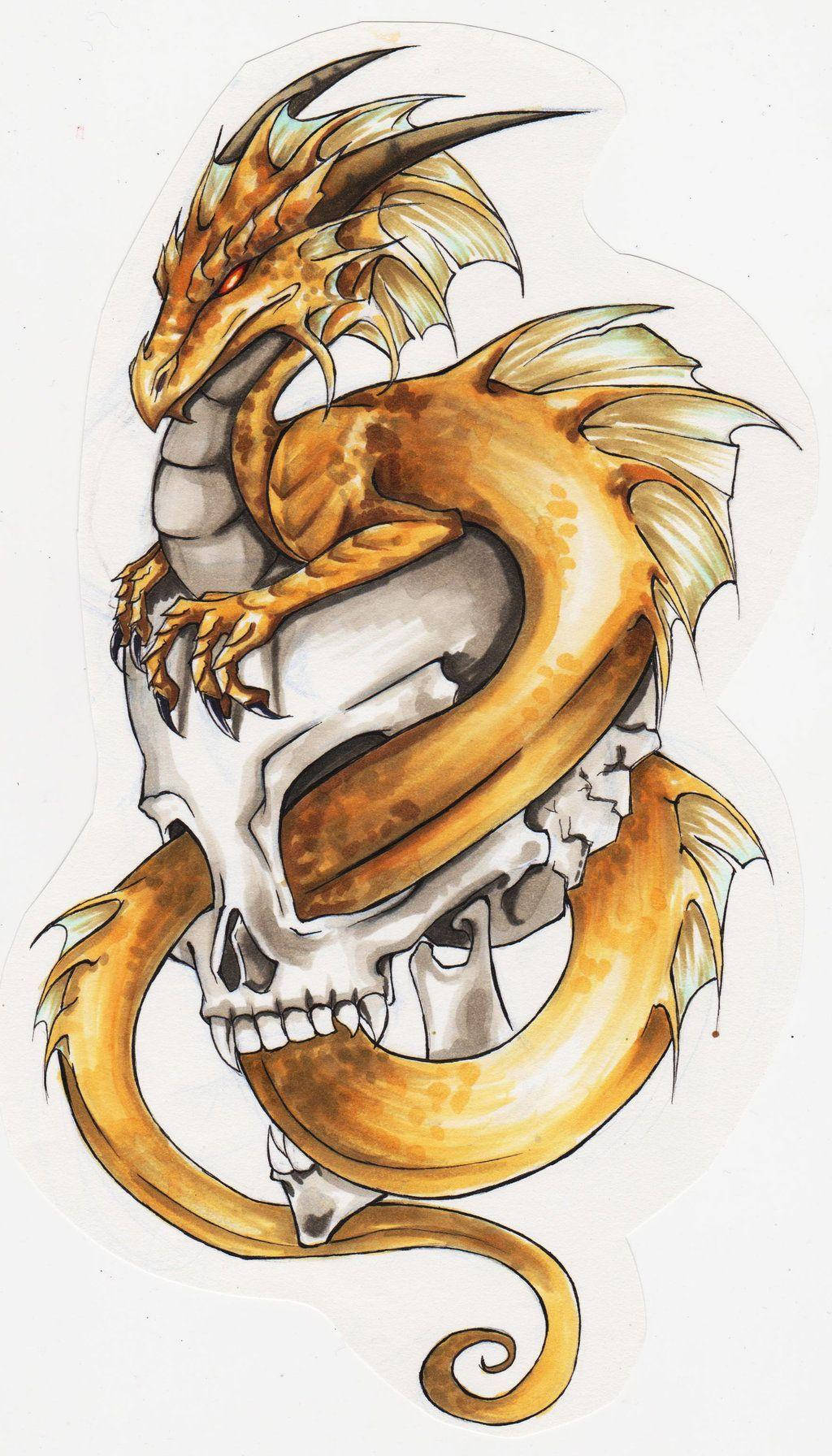 Japanese Dragon Tattoo, golden dragon, human skull, HD Phone Wallpaper