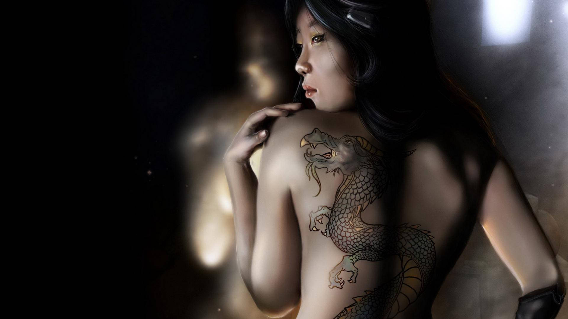 dragon tattoo, woman, back, Full HD Desktop Wallpaper
