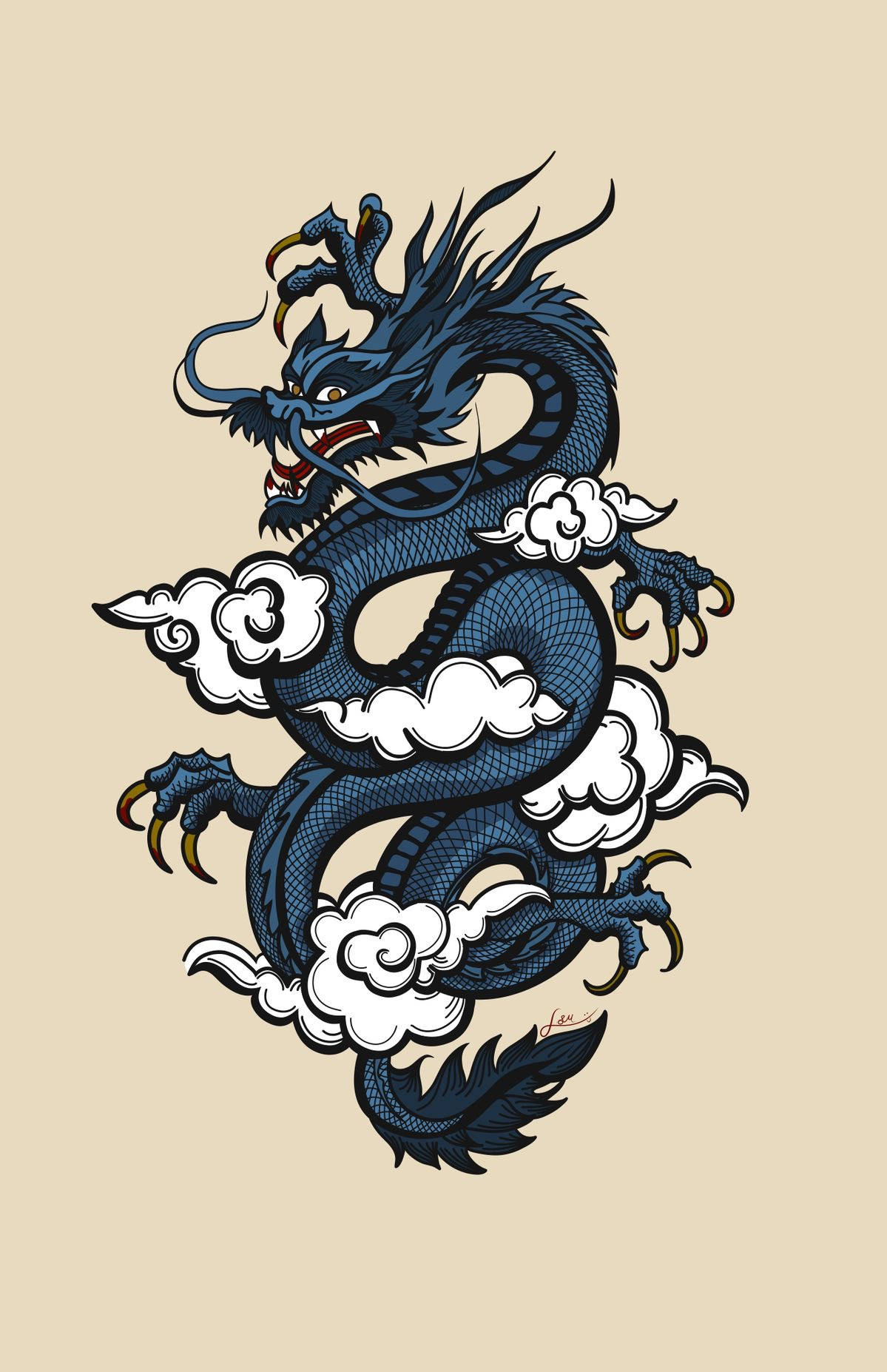 blue japanese dragon tattoo, stylized white clouds, beige background, HD Phone Wallpaper