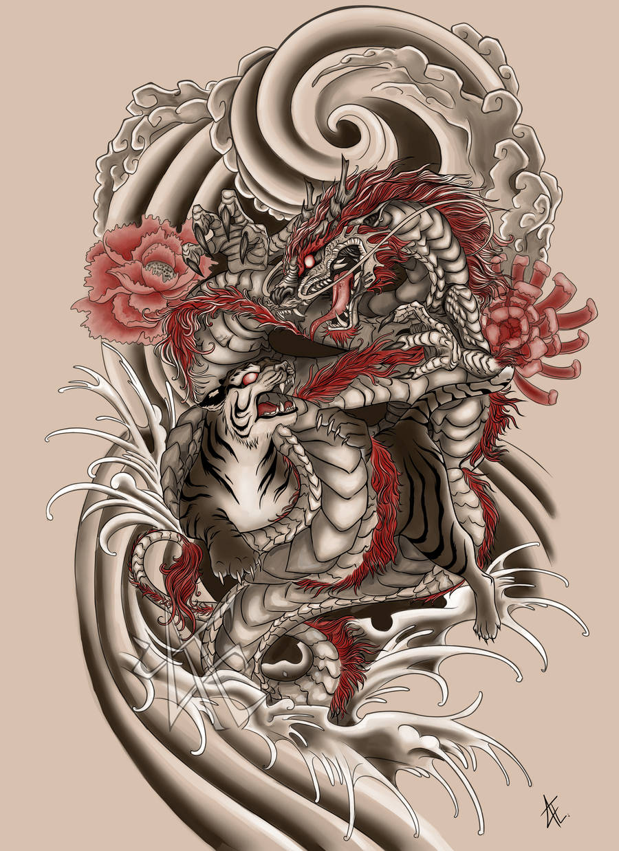 Japanese Dragon, tiger, red and gray, SD Phone Wallpaper