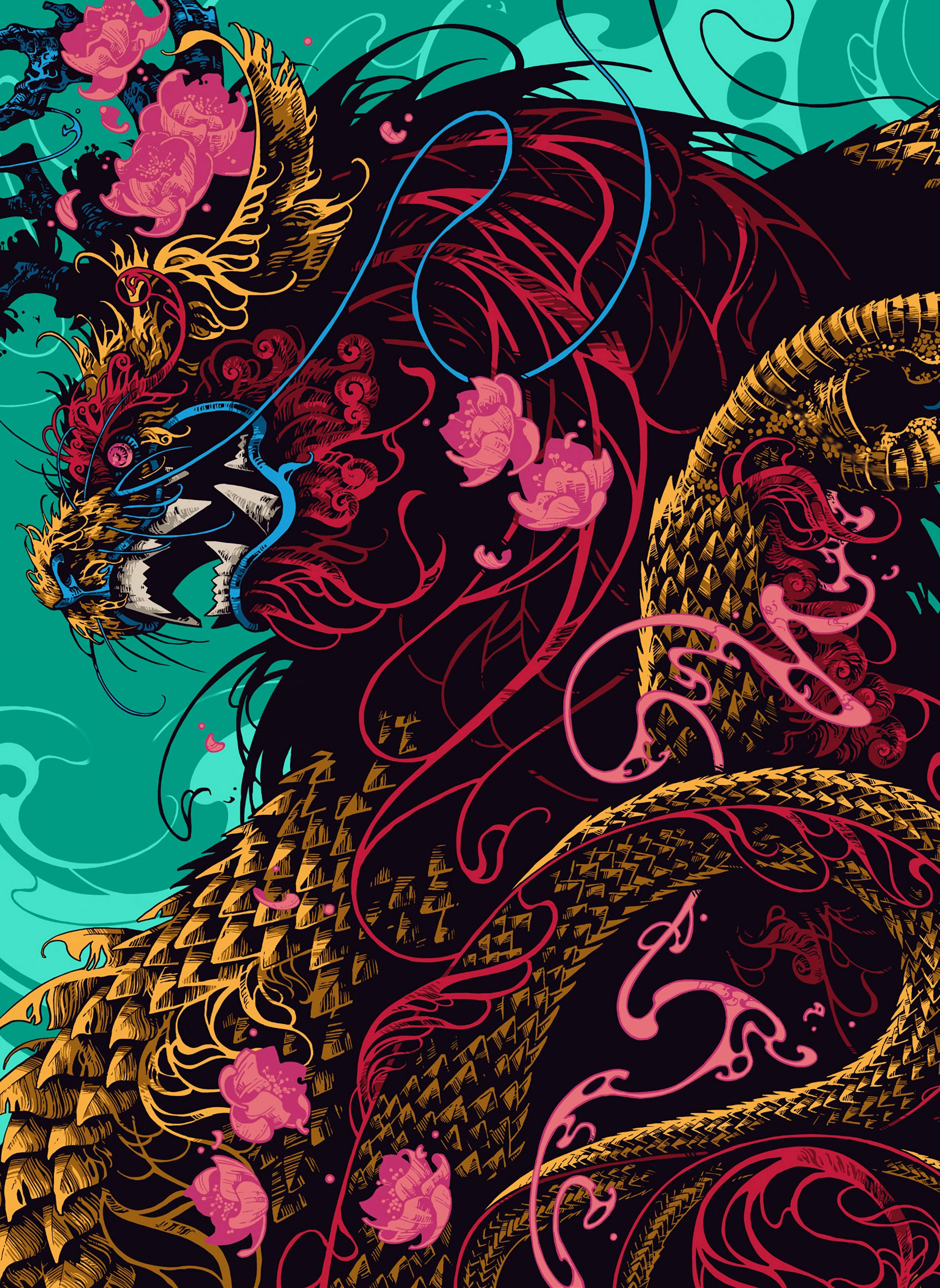 Japanese Dragon, pink lotus, golden scales, 5K Phone Wallpaper